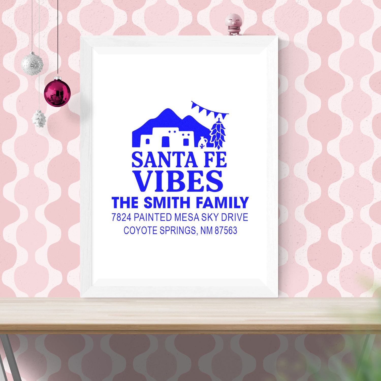 Custom Santa Fe Vibes rubber stamp with family name and address for personalized return mail and stationery.