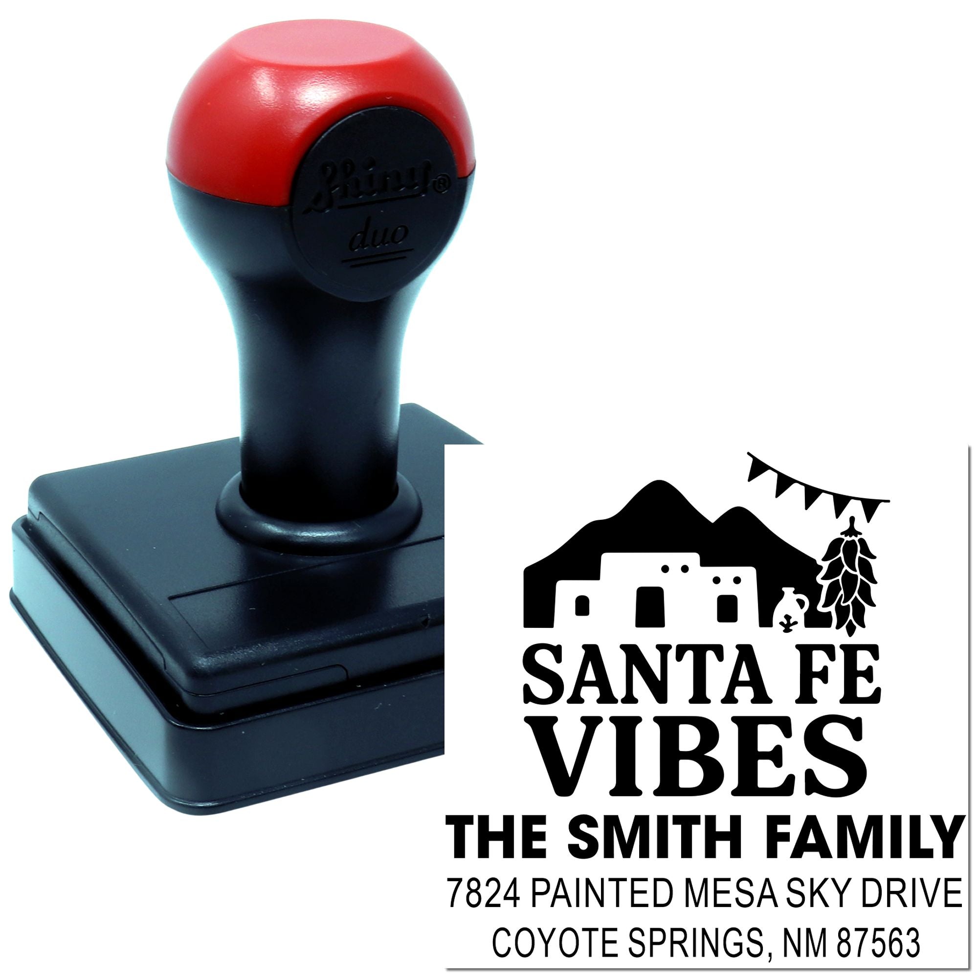 Personalized self-inking return address rubber stamp with Santa Fe Vibes design for The Smith Family and New Mexico address.