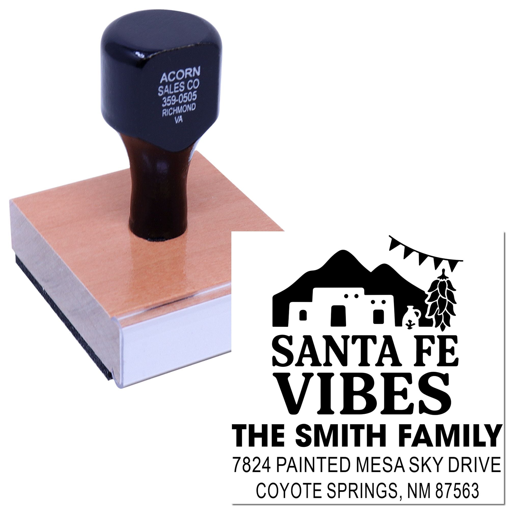 Personalized rubber address stamp with Santa Fe Vibes design for The Smith Family, Coyote Springs, NM.