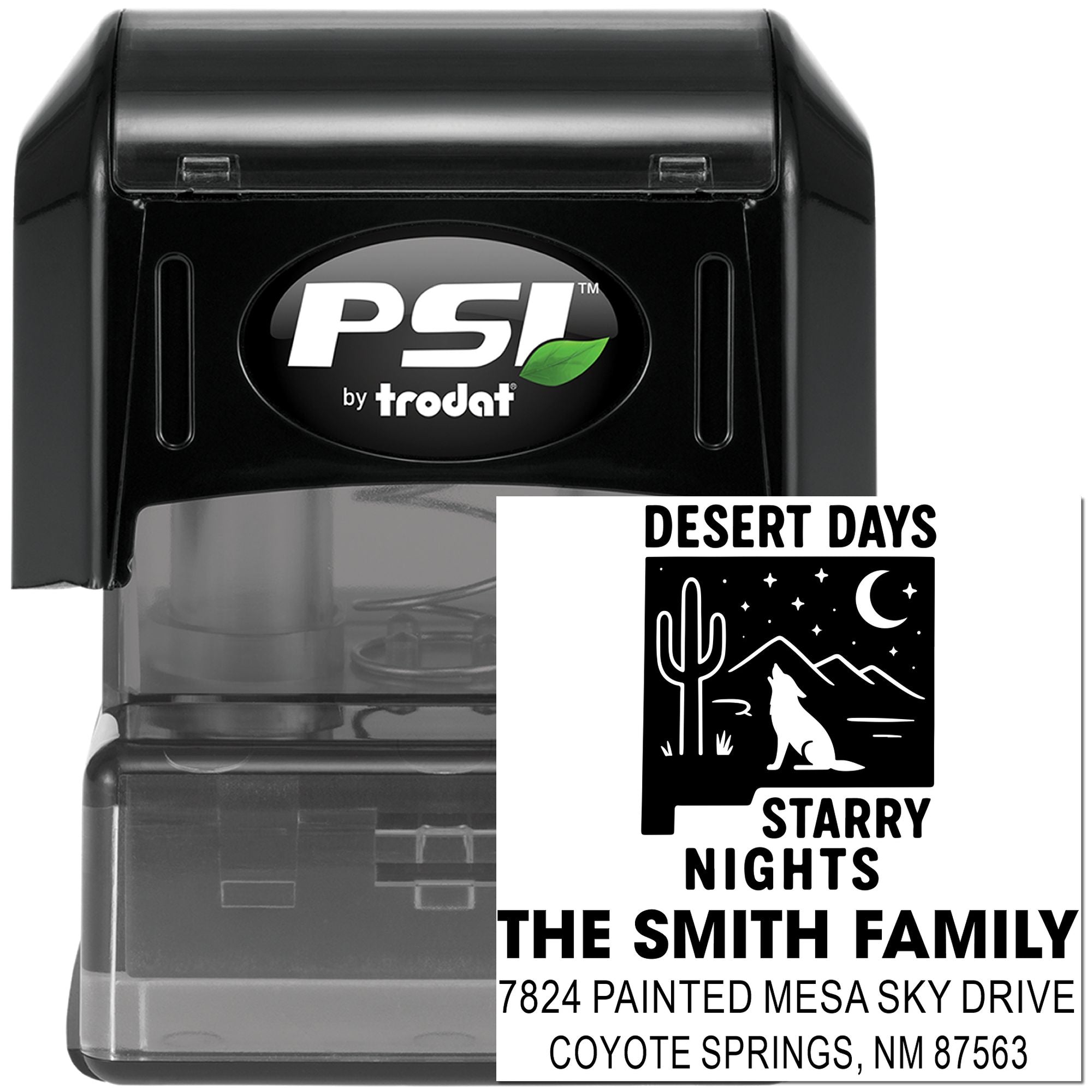 Custom self-inking rubber address stamp with desert design, cactus, wolf, stars, and moon for The Smith Family.