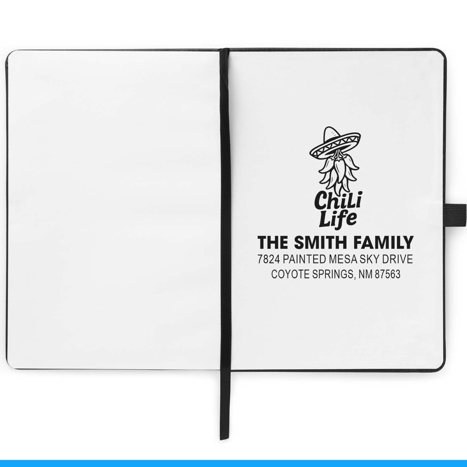 Personalized rubber address stamp with chili pepper design and family name for custom return address use.