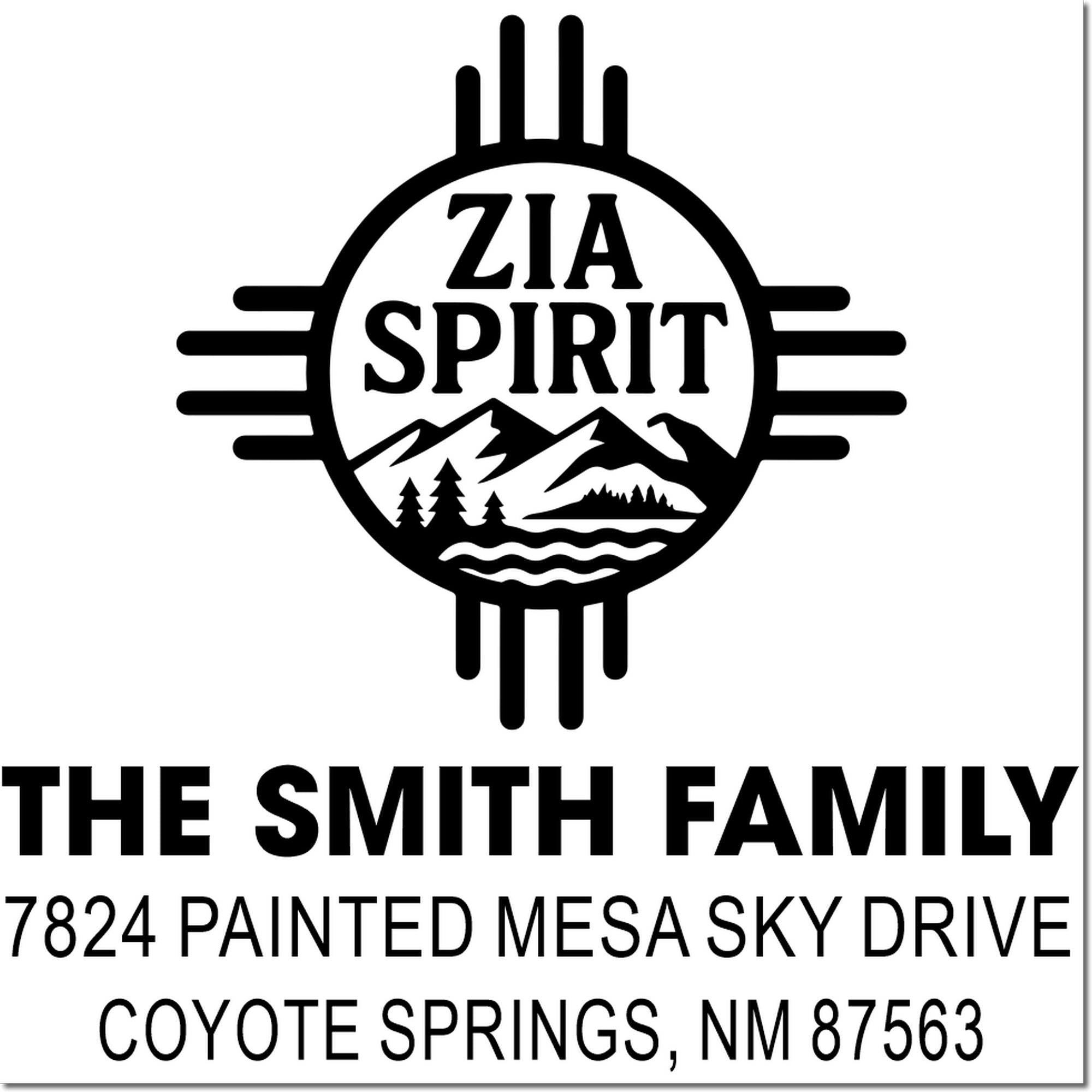 Custom return address rubber stamp with Zia Spirit logo for The Smith Family, Coyote Springs, NM.