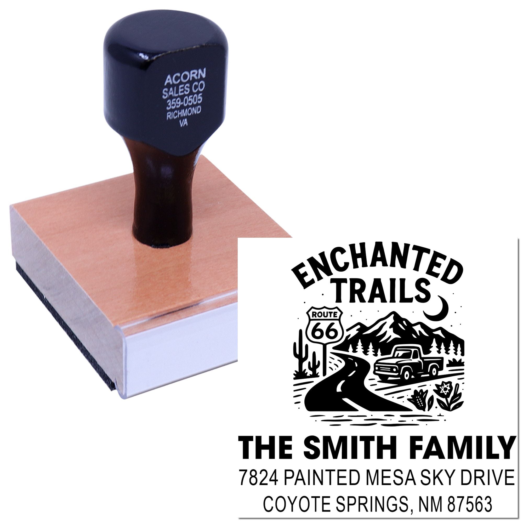 Custom return address rubber stamp with Enchanted Trails family design and sample imprint on a wooden block.