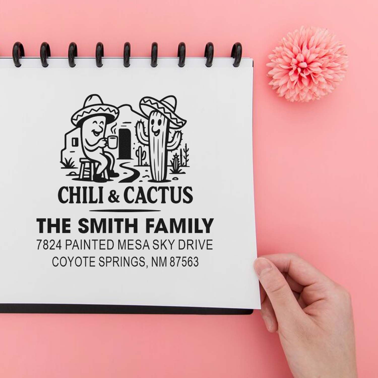 Custom family return address rubber stamp with chili and cactus illustration for The Smith Family in Coyote Springs, NM
