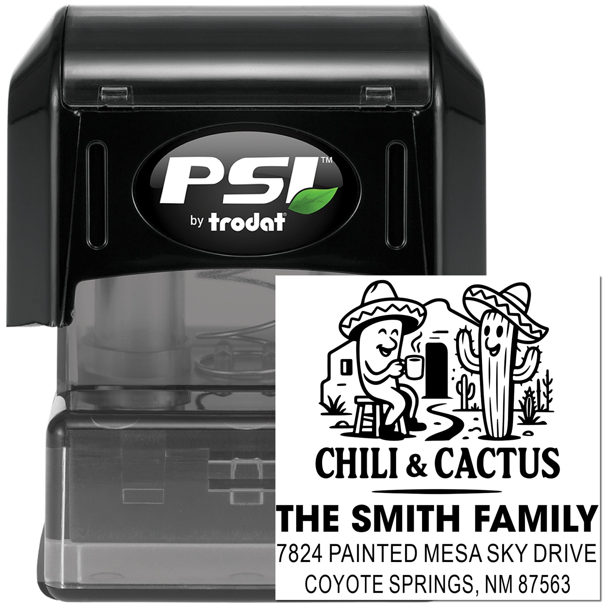 Custom self-inking rubber stamp by PSI by Trodat with Chili & Cactus family address design for personalized mailing use.