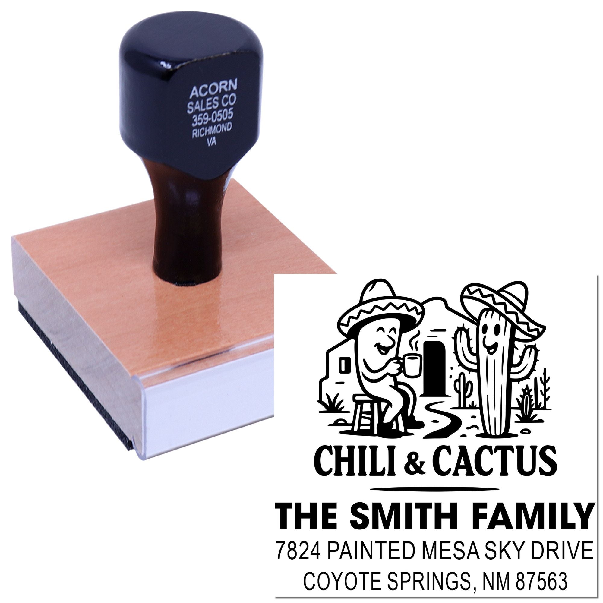 Custom family return address rubber stamp with Chili & Cactus logo and Coyote Springs, NM address.