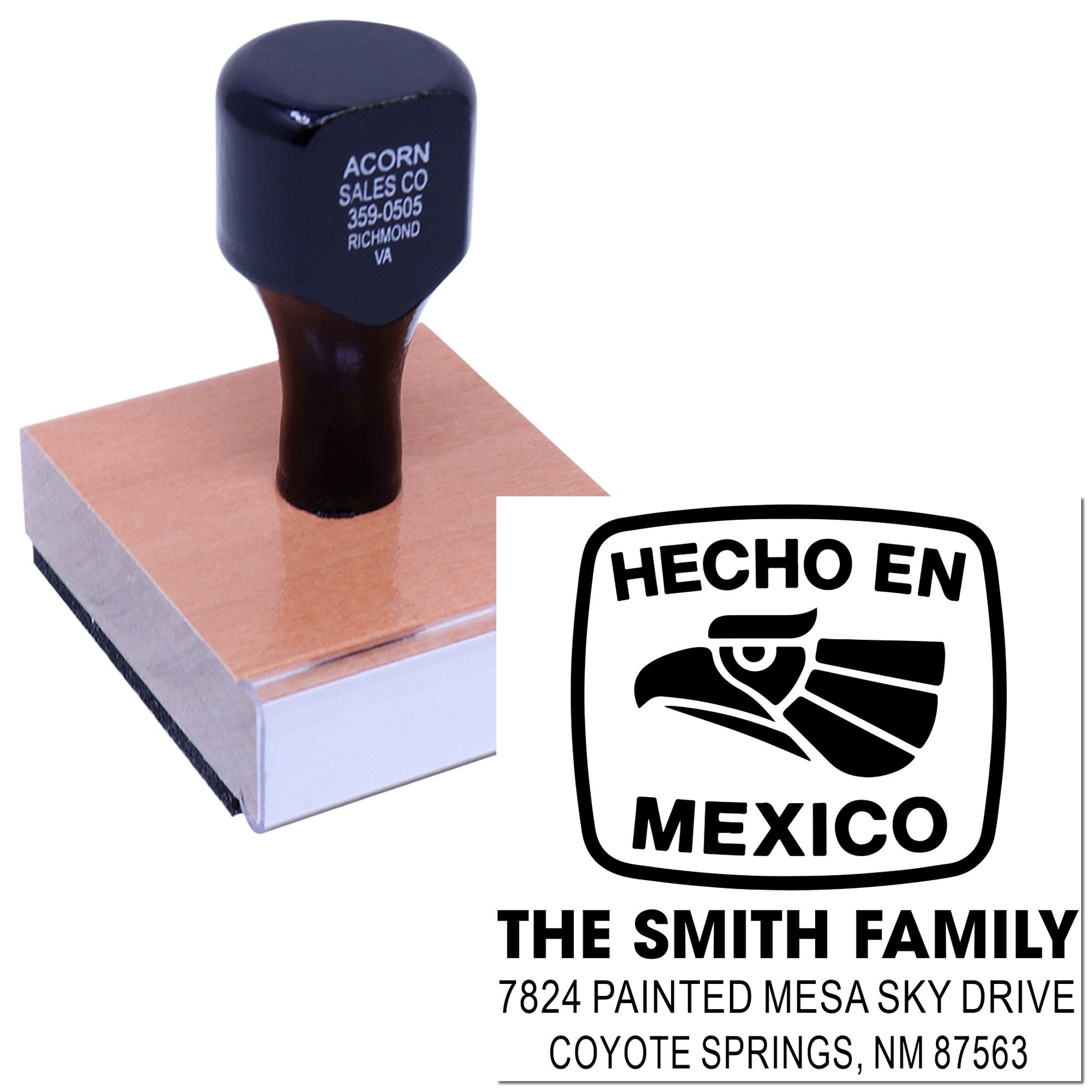 Custom rubber stamp with wooden handle for personalized address and logo imprint designs.