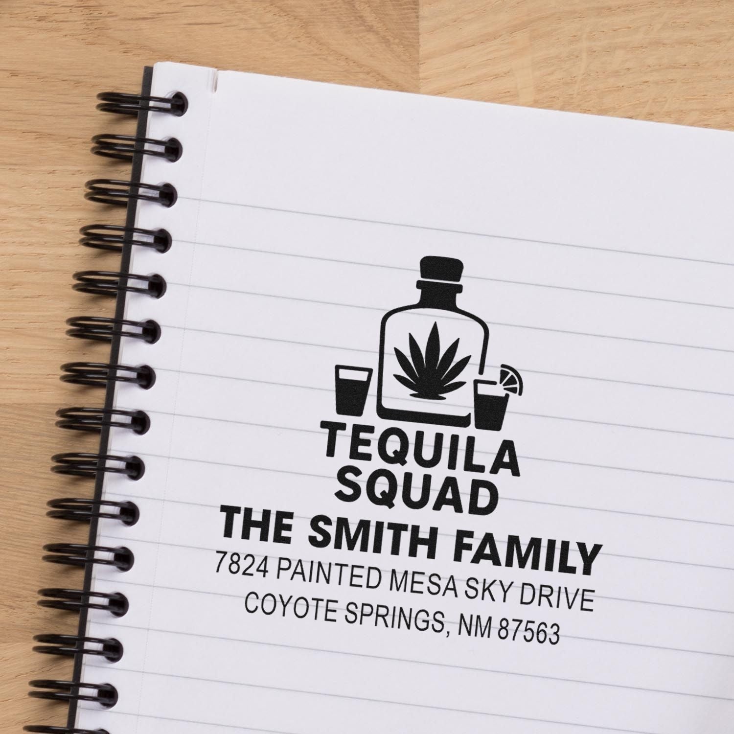Custom rubber stamp imprint with Tequila Squad design, Smith family name, and personalized address for mailing or branding.