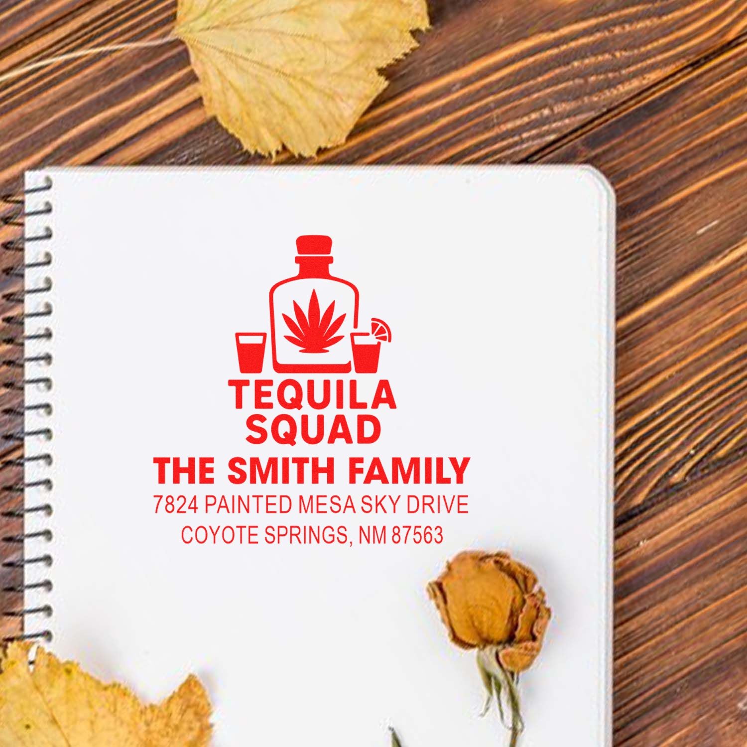 Custom tequila-themed rubber address stamp for The Smith Family, featuring a bottle logo and personalized home address.