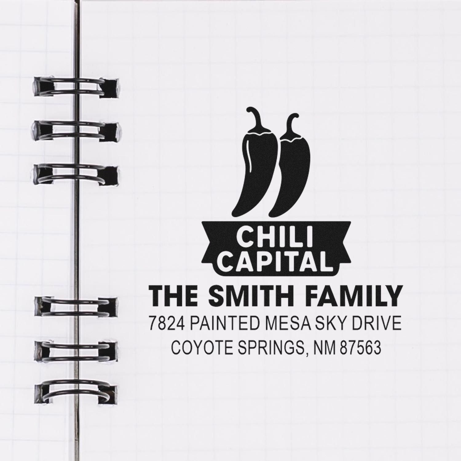 Custom rubber stamp design with chili pepper logo and return address for The Smith Family in Coyote Springs, NM.
