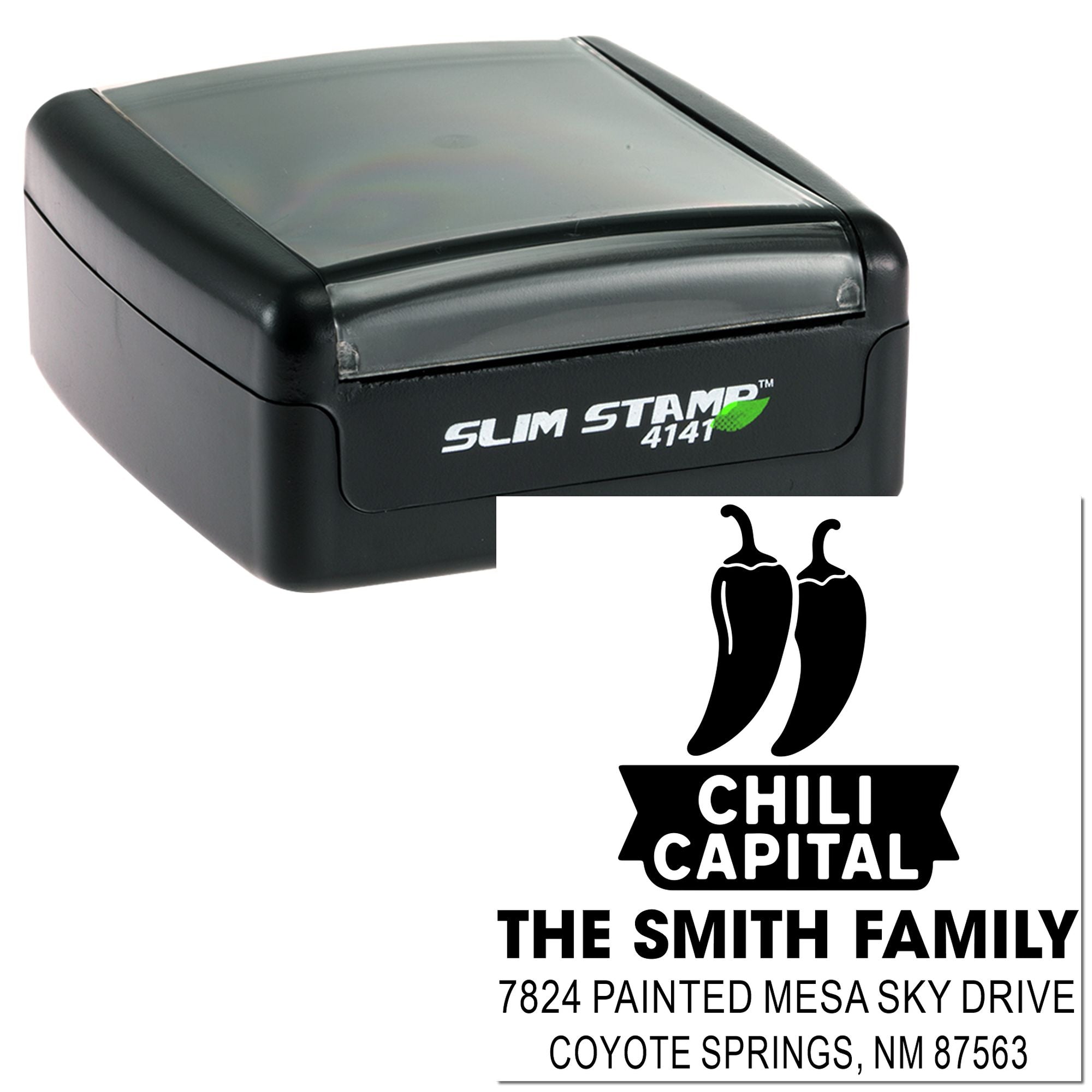 Slim Stamp 4141 self-inking rubber stamp with custom chili capital address imprint for The Smith Family