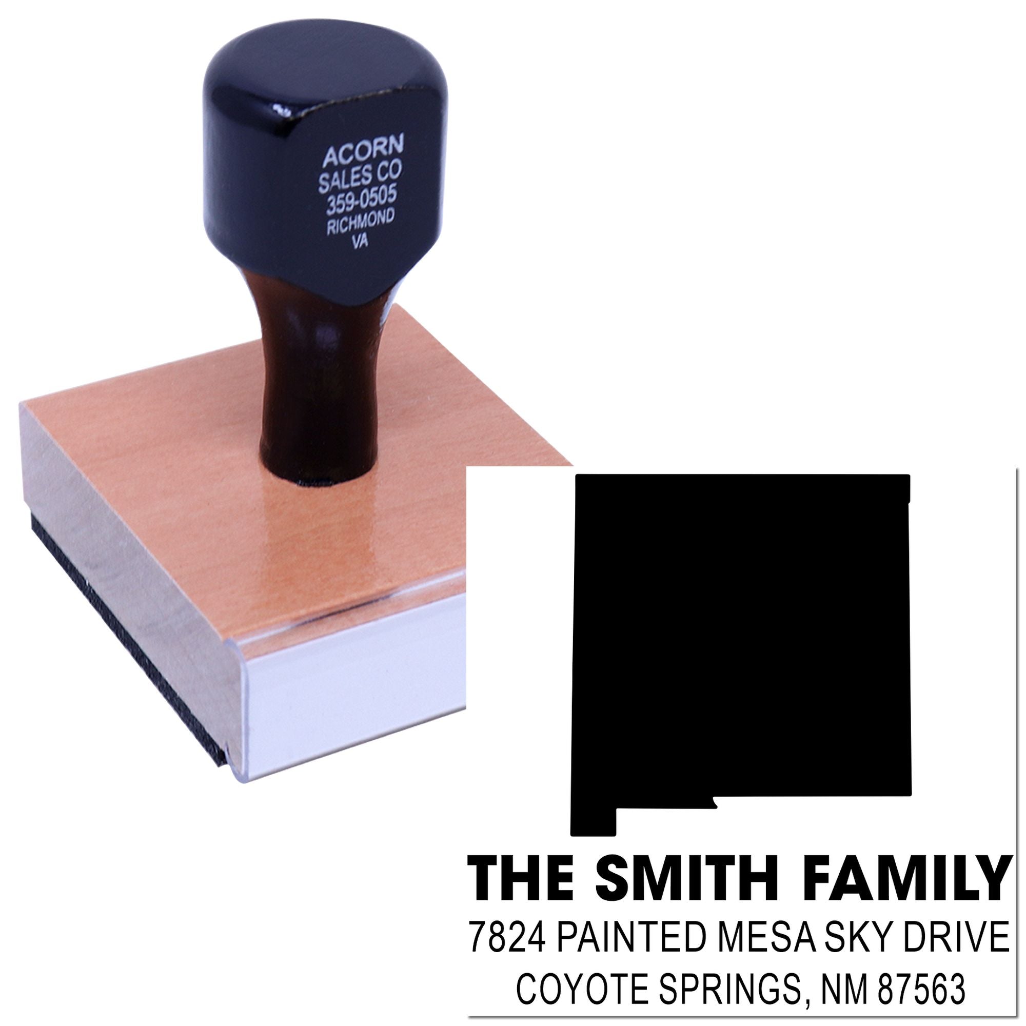 Custom family return address rubber stamp with state silhouette for personalized envelopes and mail.