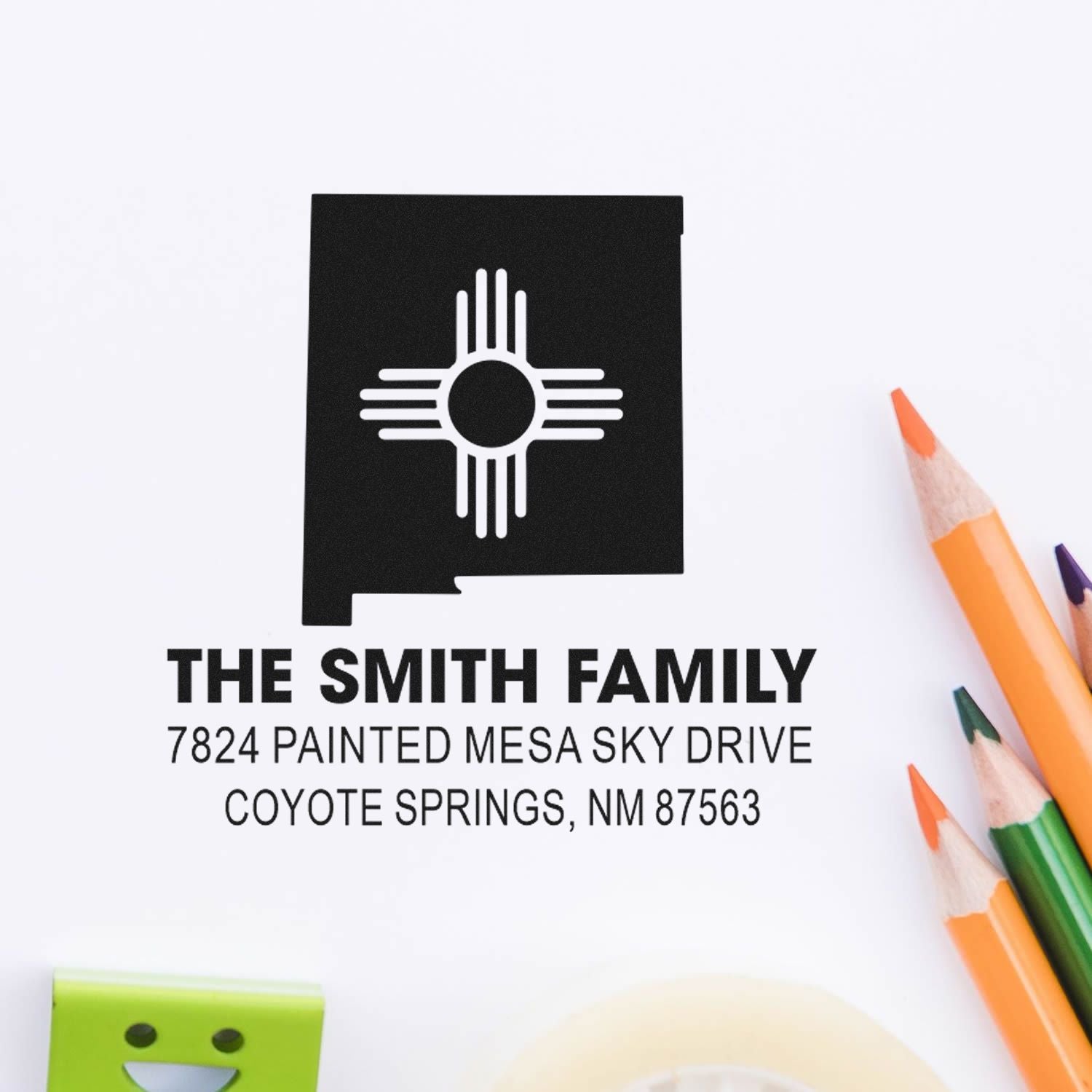 Custom family return address rubber stamp with Zia symbol, personalized for The Smith Family in Coyote Springs, New Mexico.
