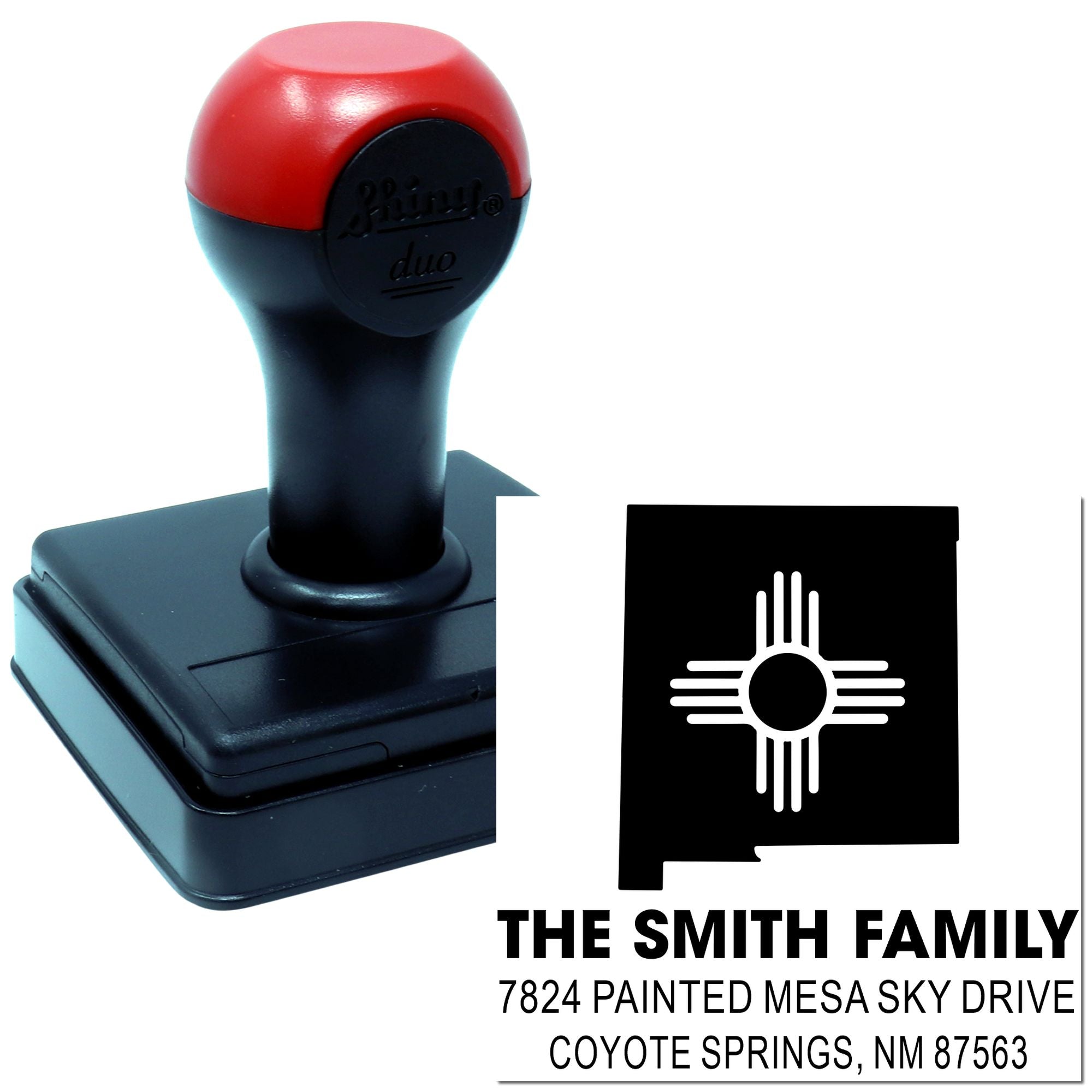 Custom self-inking address rubber stamp with Zia symbol for The Smith Family, Coyote Springs, NM address imprint.
