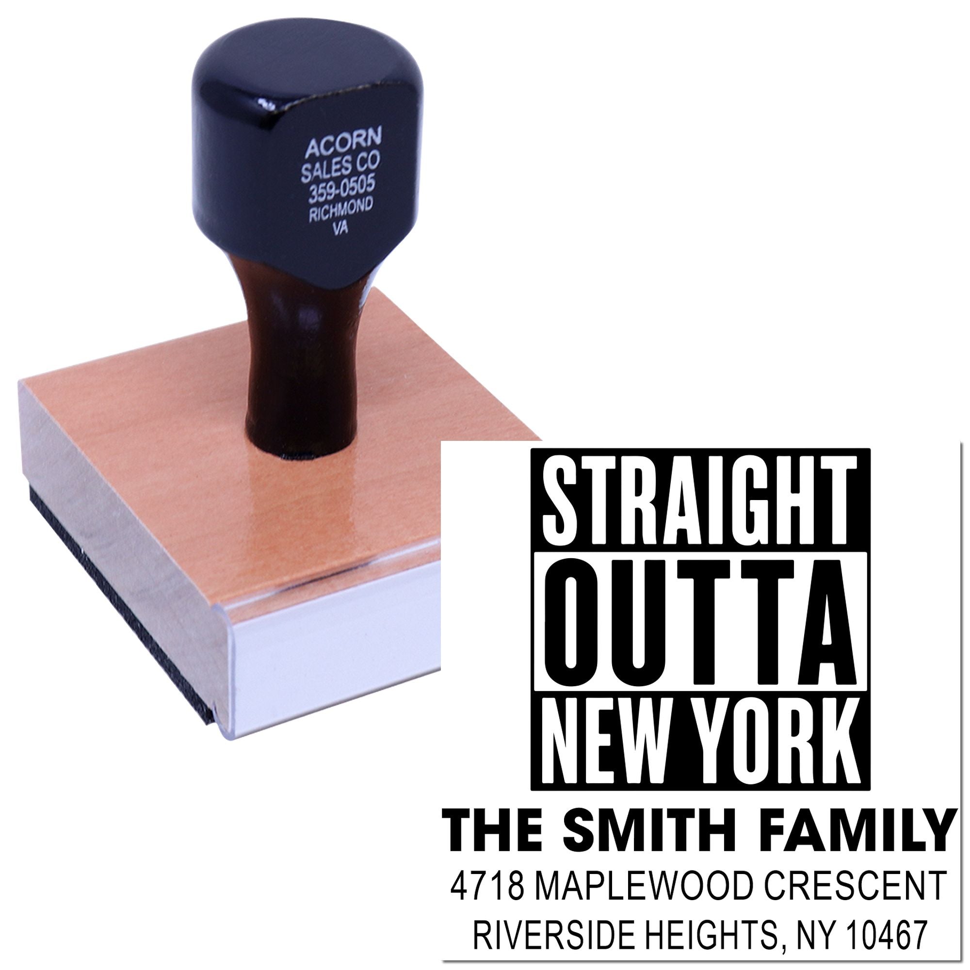 Custom rubber stamp featuring a Straight Outta New York design for The Smith Family address labels and mailings.