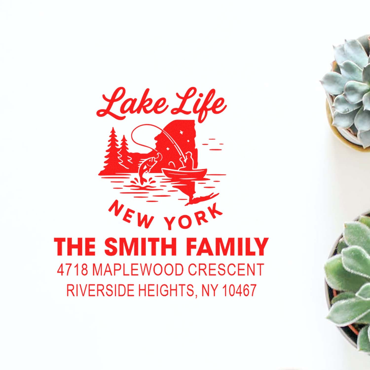 Custom Lake Life New York address rubber stamp with fish and boat design for The Smith Family.