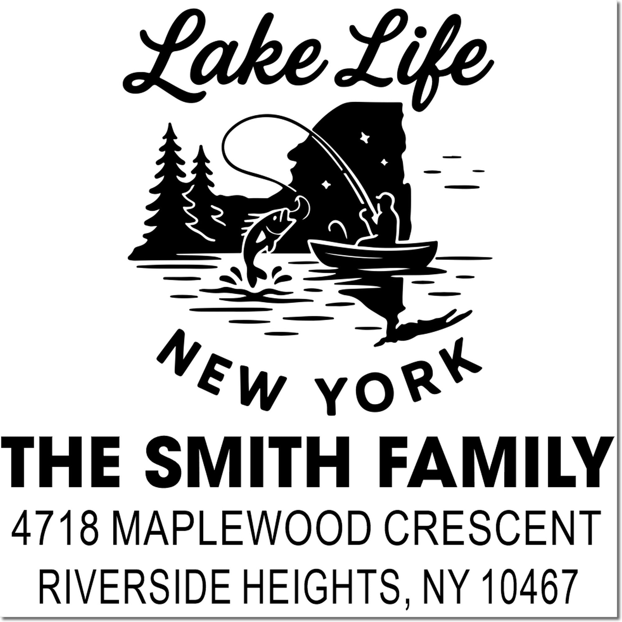 Personalized Lake Life New York return address rubber stamp with fishing scene and The Smith Family address.