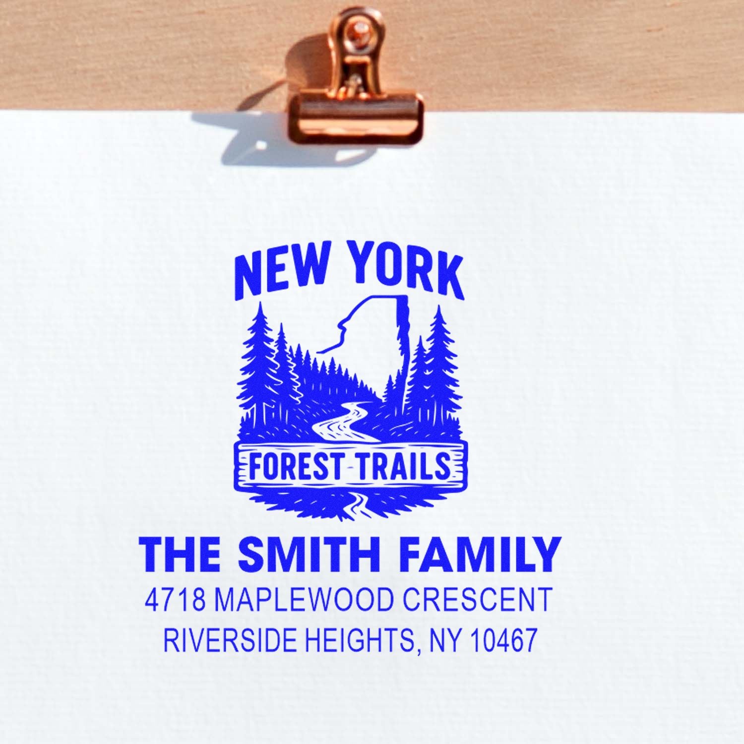 Personalized rubber address stamp for The Smith Family, New York Forest Trails design, Riverside Heights, NY.