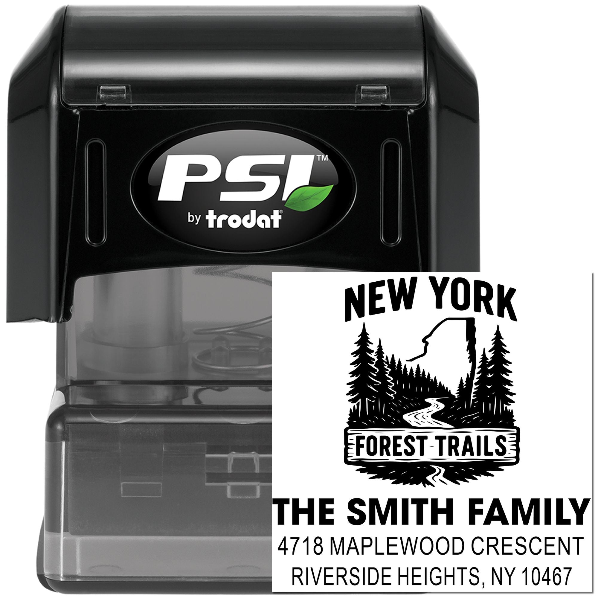 PSI by Trodat self-inking custom address rubber stamp with New York Forest Trails family design for The Smith Family