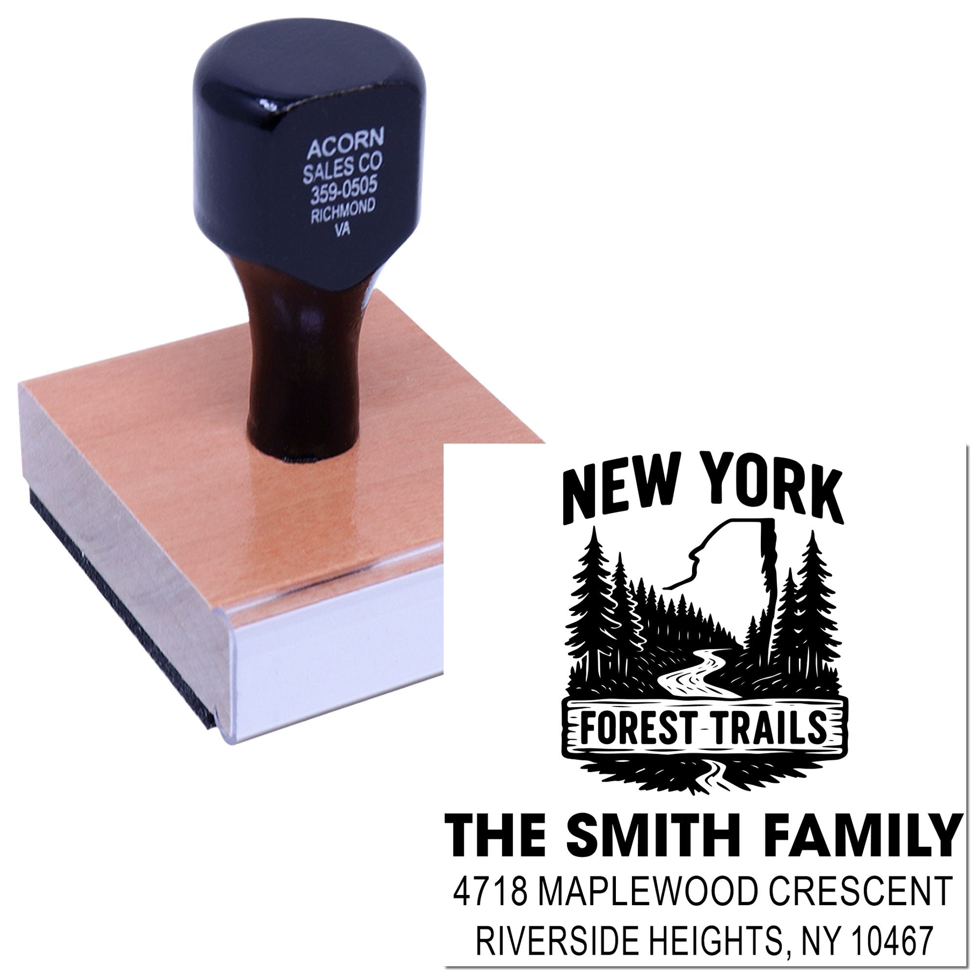 Personalized rubber stamp with logo and address imprint examples for business and family mailing.