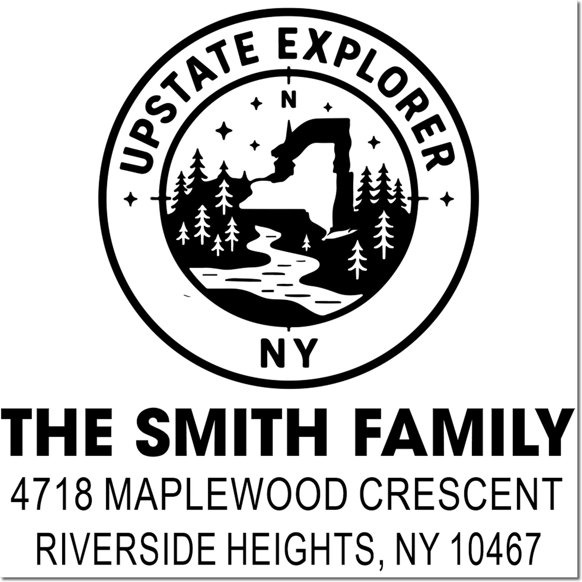 Custom Upstate Explorer NY rubber stamp for The Smith Family, featuring return address in Riverside Heights, NY 10467.