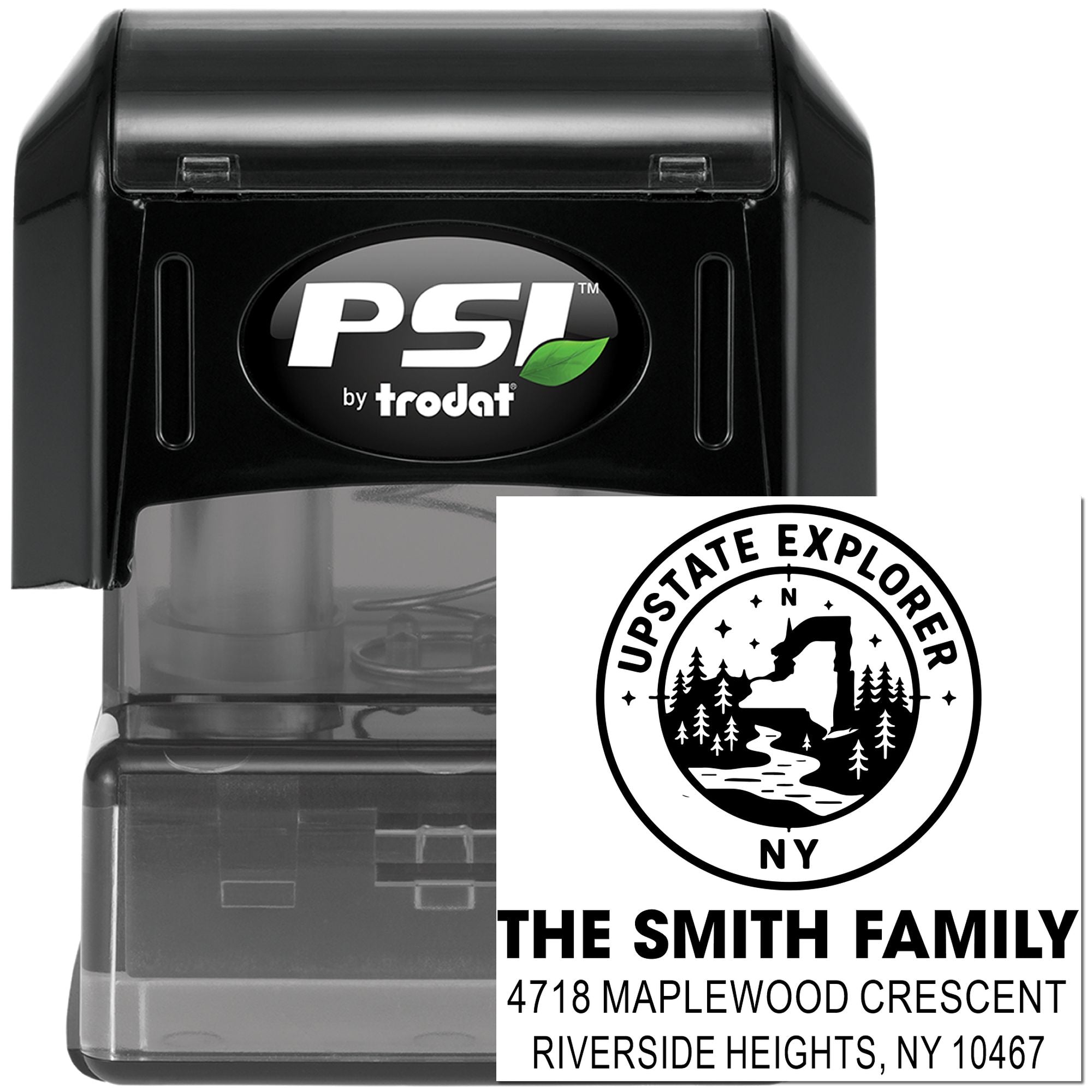 PSI by Trodat custom return address rubber stamp with Upstate Explore family design for envelopes and mailing labels
