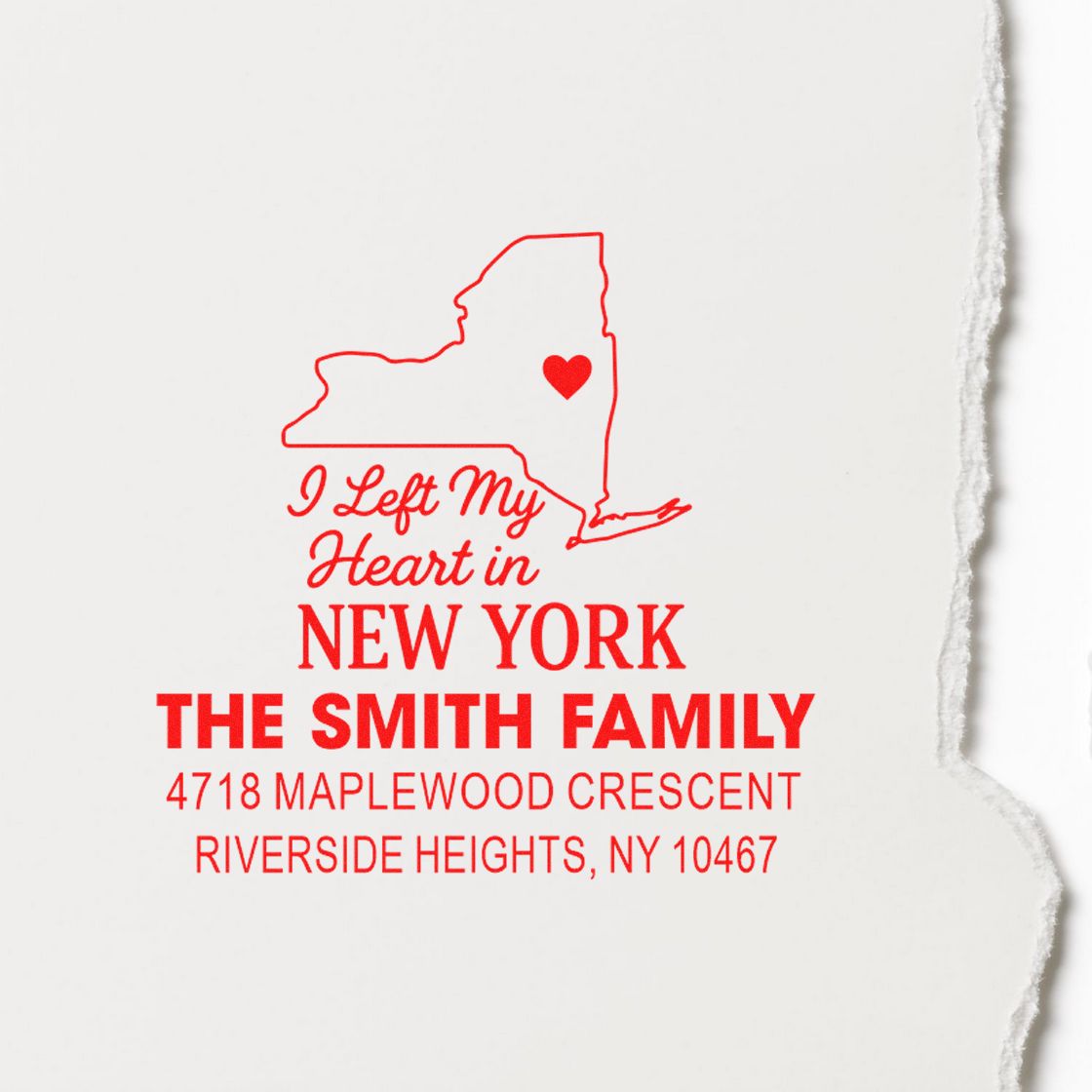 Custom New York return address rubber stamp with state outline and heart, featuring The Smith Family, Riverside Heights, NY 10467