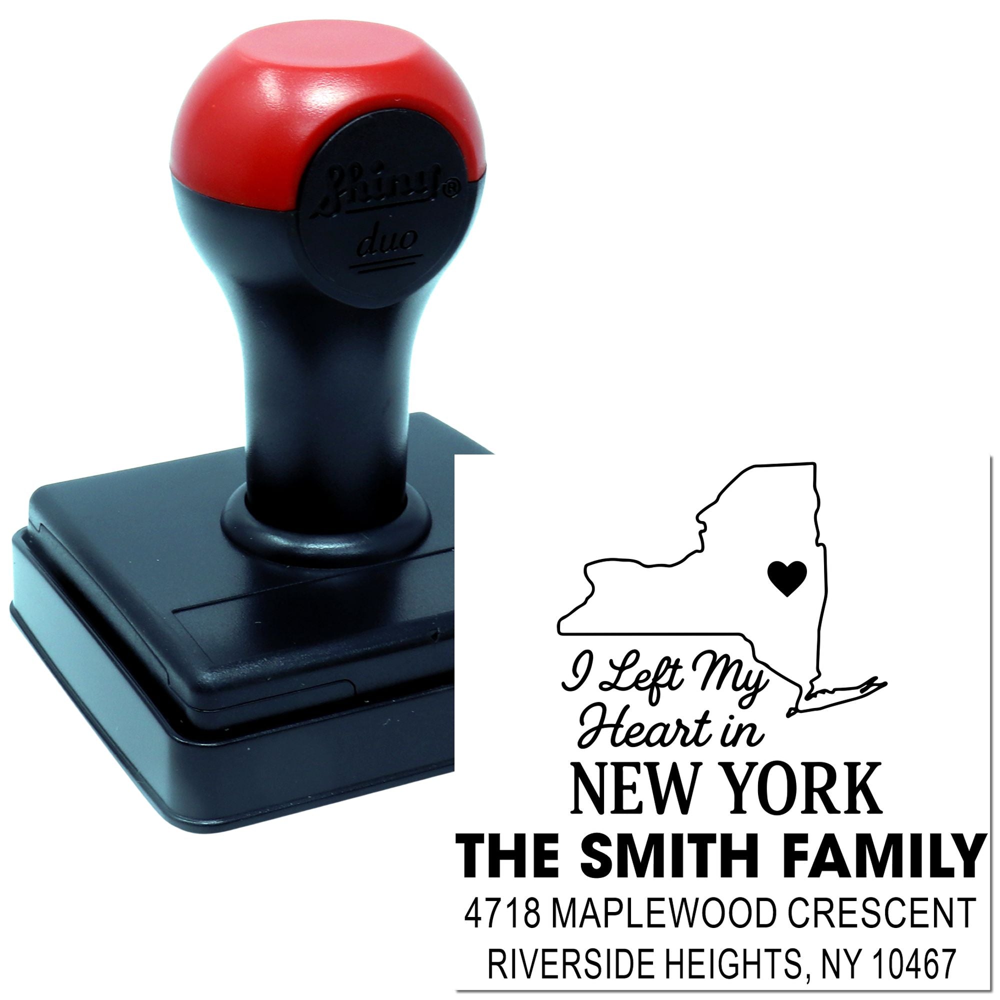 Custom self-inking rubber stamp with New York heart design and personalized family return address label