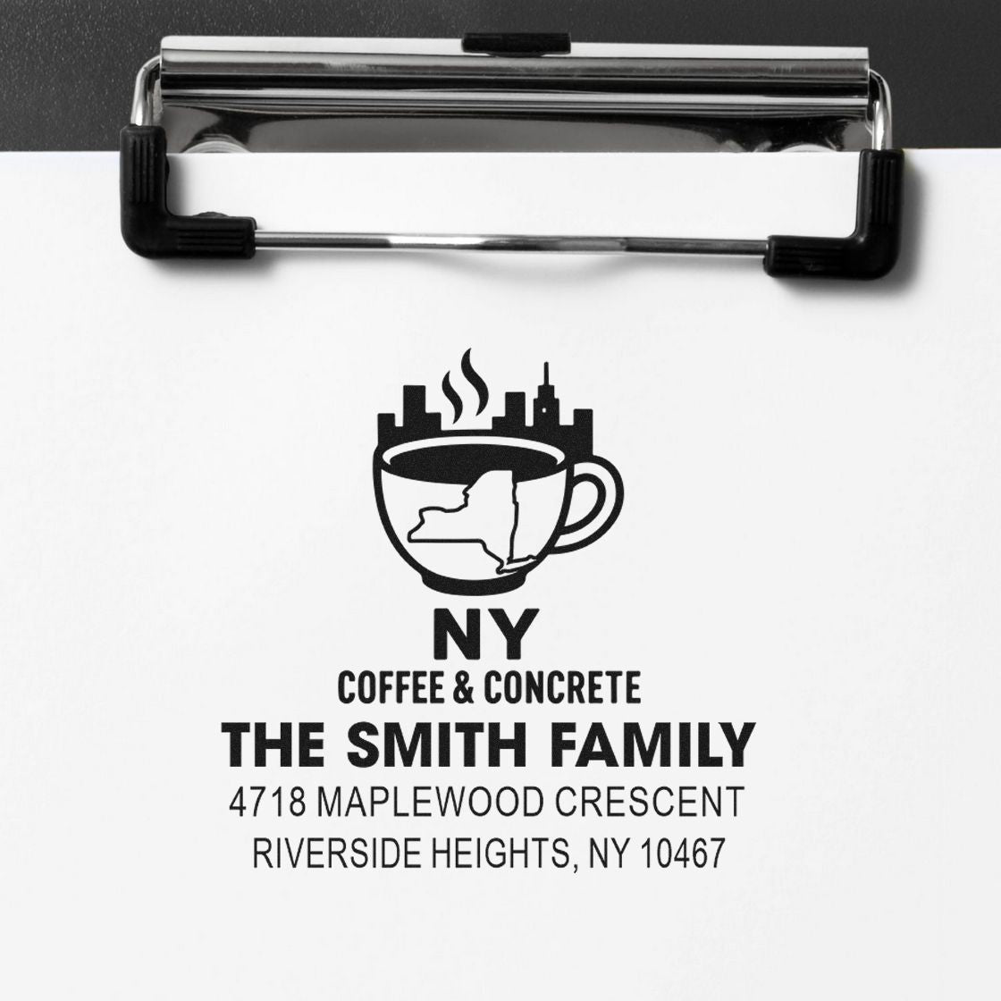 Custom rubber address stamp for The Smith Family with NY Coffee & Concrete logo and Riverside Heights, NY address.