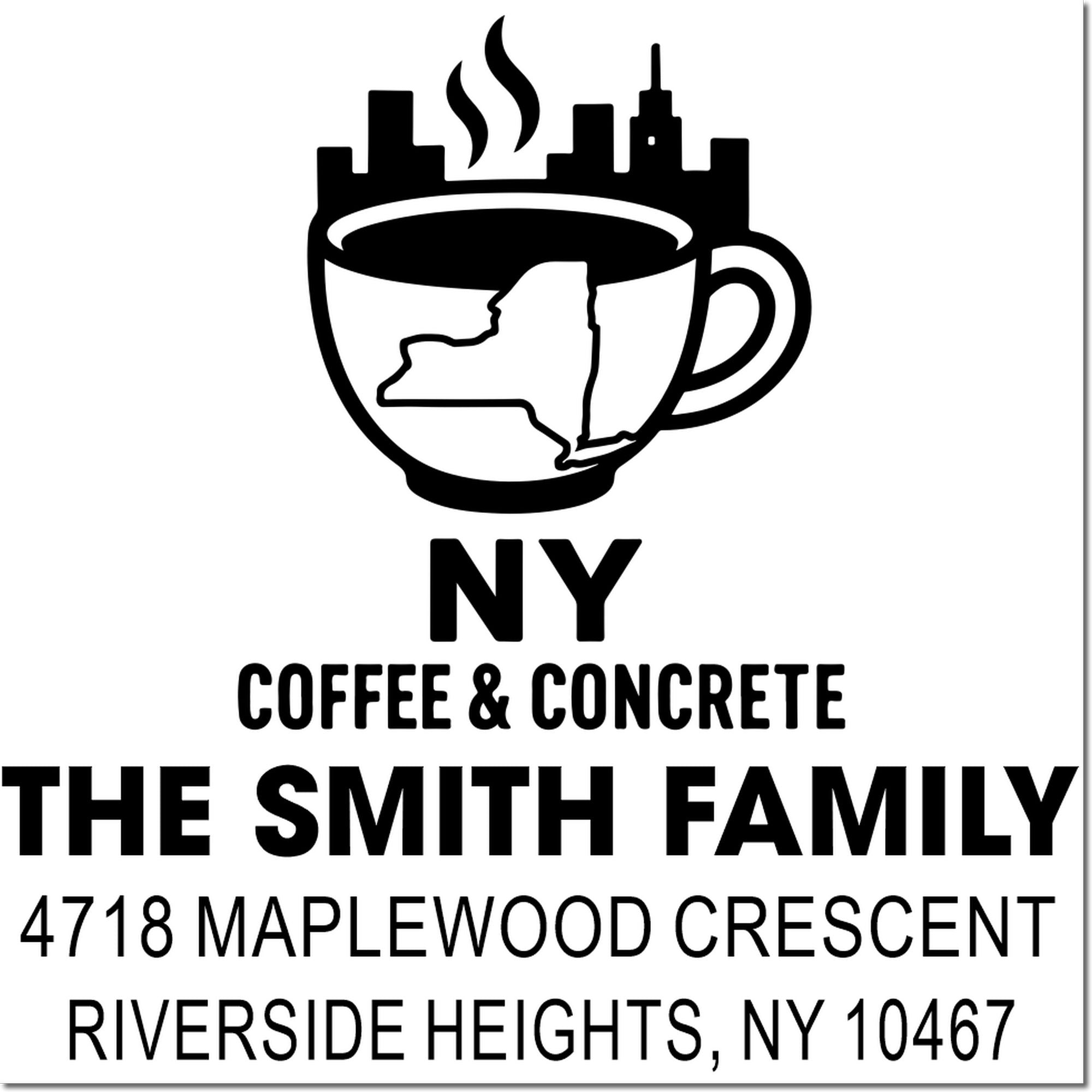 Custom return address rubber stamp for The Smith Family, Coffee & Concrete, Riverside Heights, NY 10467.