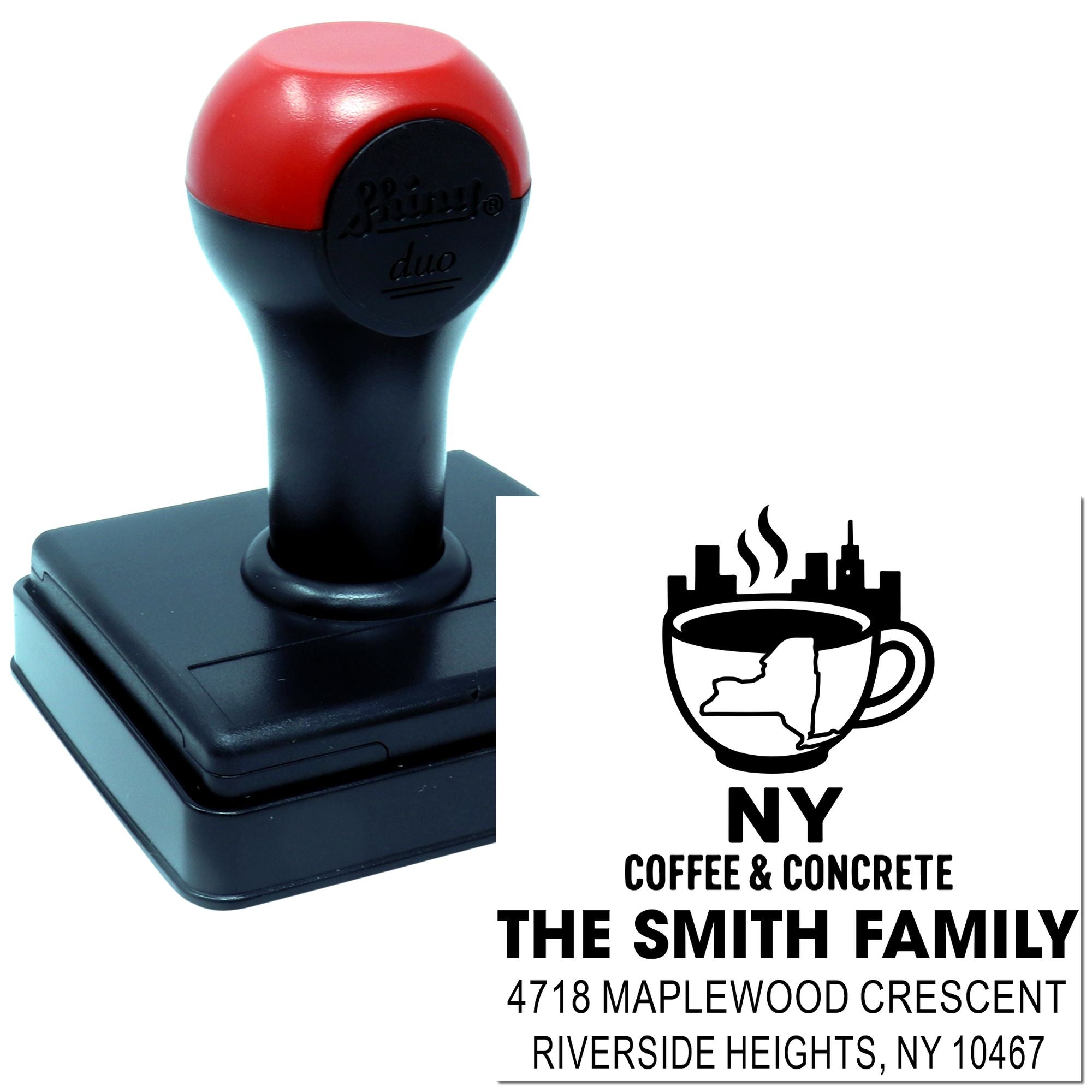 Custom self-inking rubber stamp for return address imprint, featuring NY Coffee & Concrete logo, The Smith Family, and full address.
