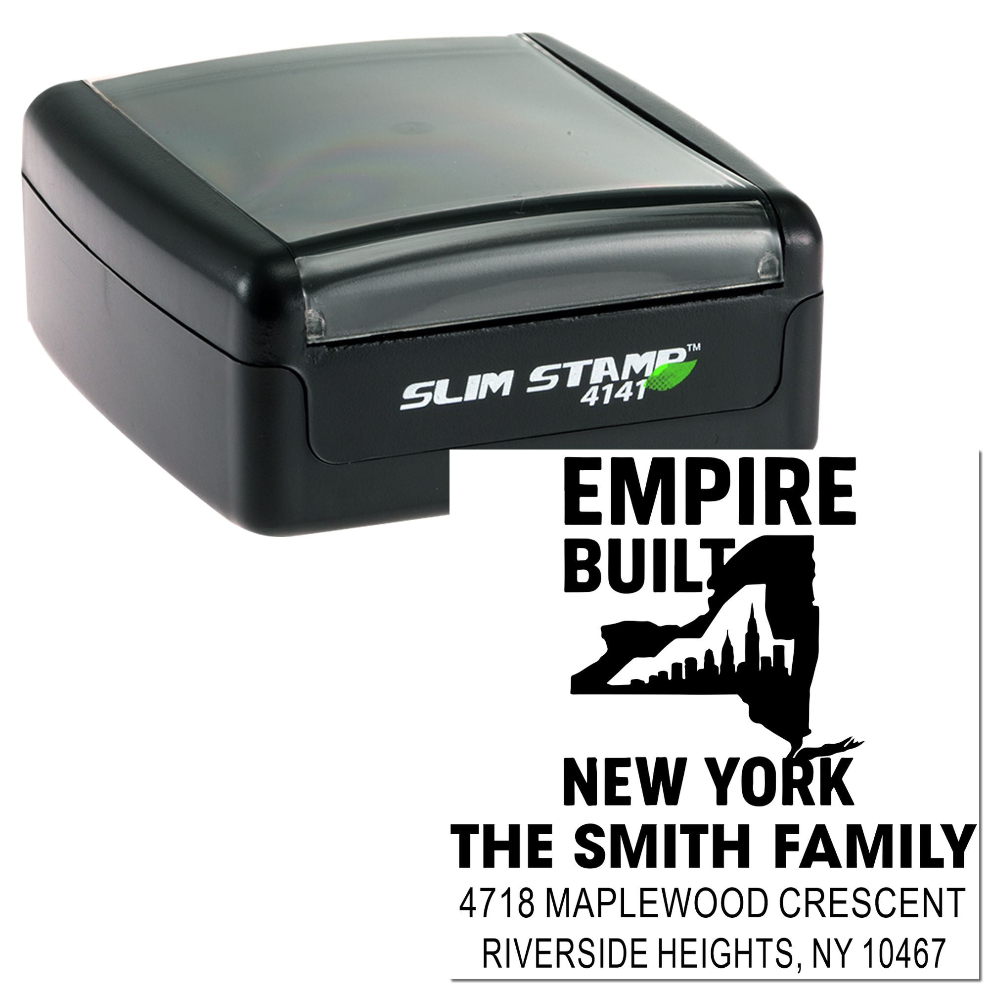 Custom self-inking rubber address stamp, Slim Stamp 4141, with New York return address imprint for The Smith Family.