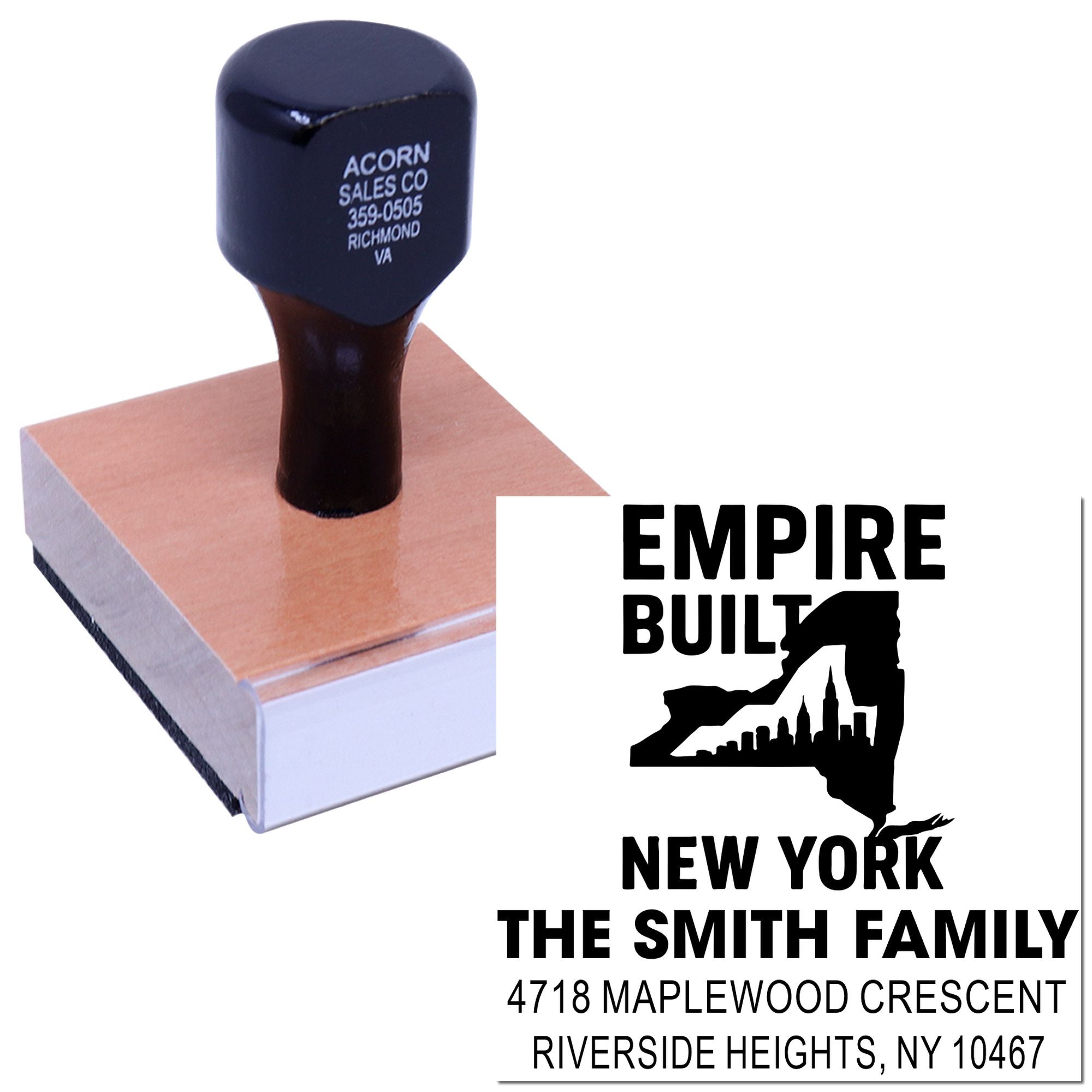 Custom rubber stamp with Empire State New York return address design for The Smith Family mailing labels.
