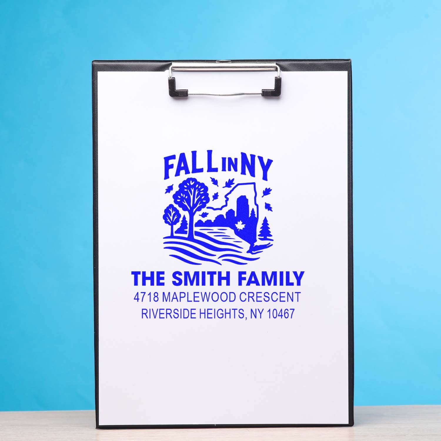 Custom rubber stamp proof for The Smith Family, featuring a Fall in NY design and return address.