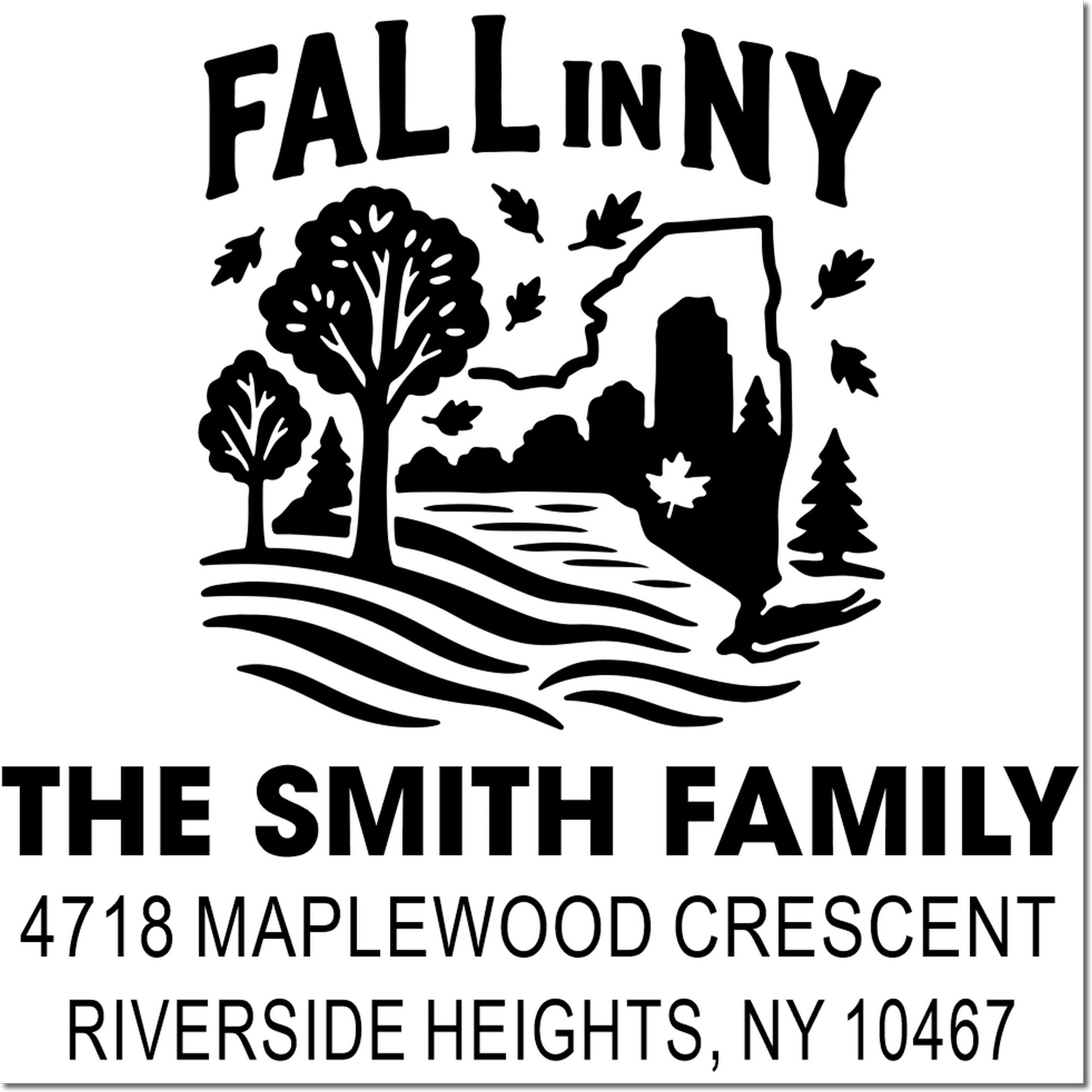 Custom fall family address rubber stamp for The Smith Family, Riverside Heights NY, with autumn park scene.