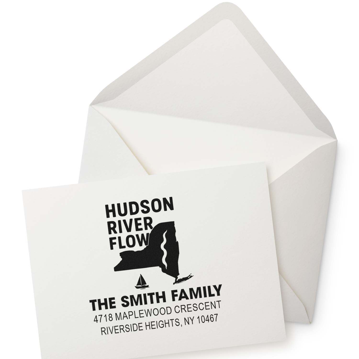Custom family return address rubber stamp with Hudson River Flow design, Smith family name, and Riverside Heights, NY address.