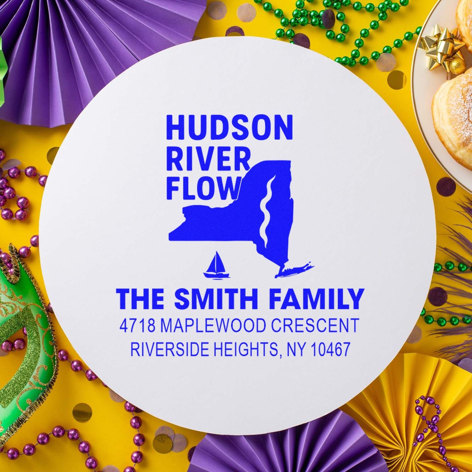 Custom family address rubber stamp design for The Smith Family, Hudson River Flow logo, Riverside Heights, NY.