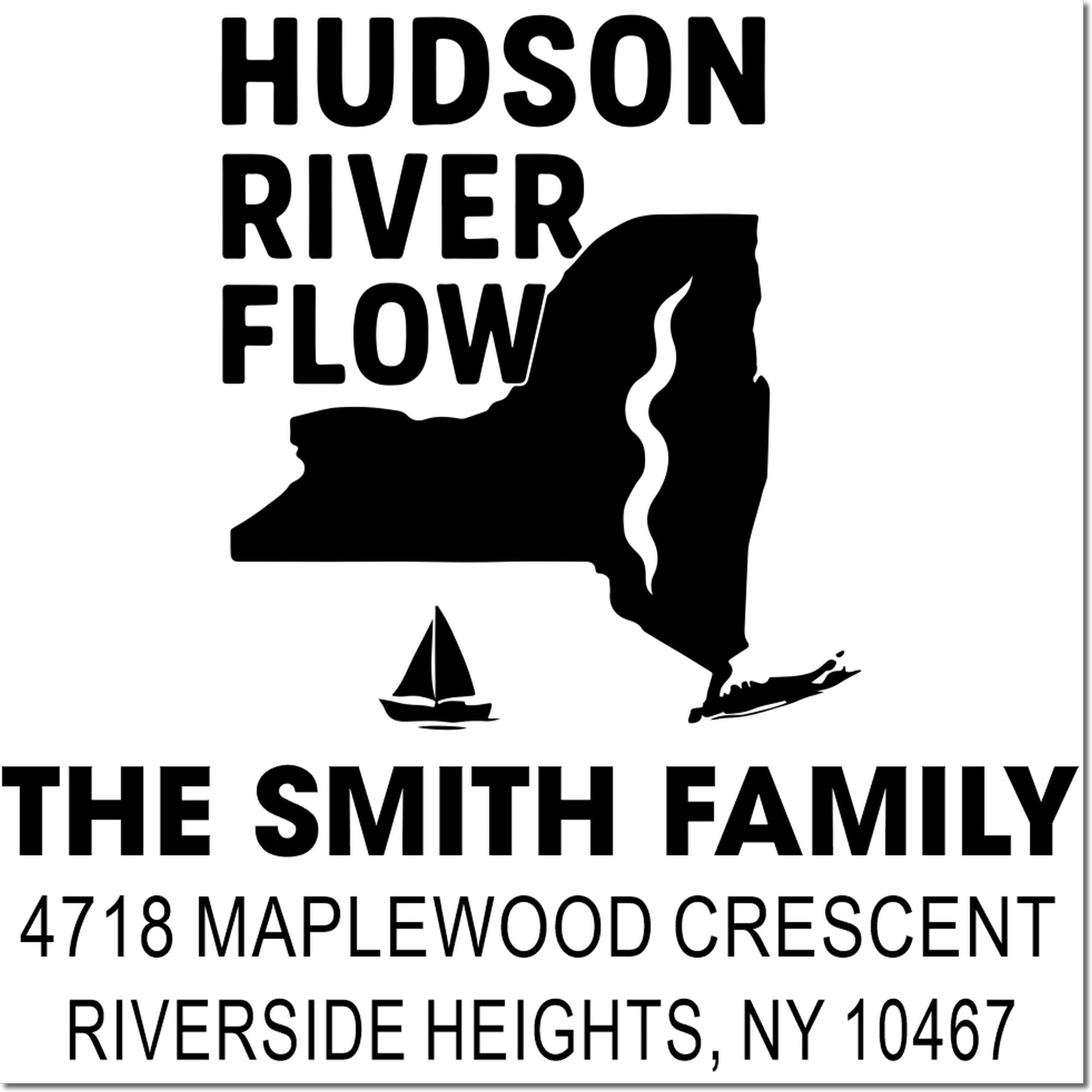 Custom Hudson River Flow address stamp with New York map silhouette, sailboat, and Smith family Riverside Heights address.