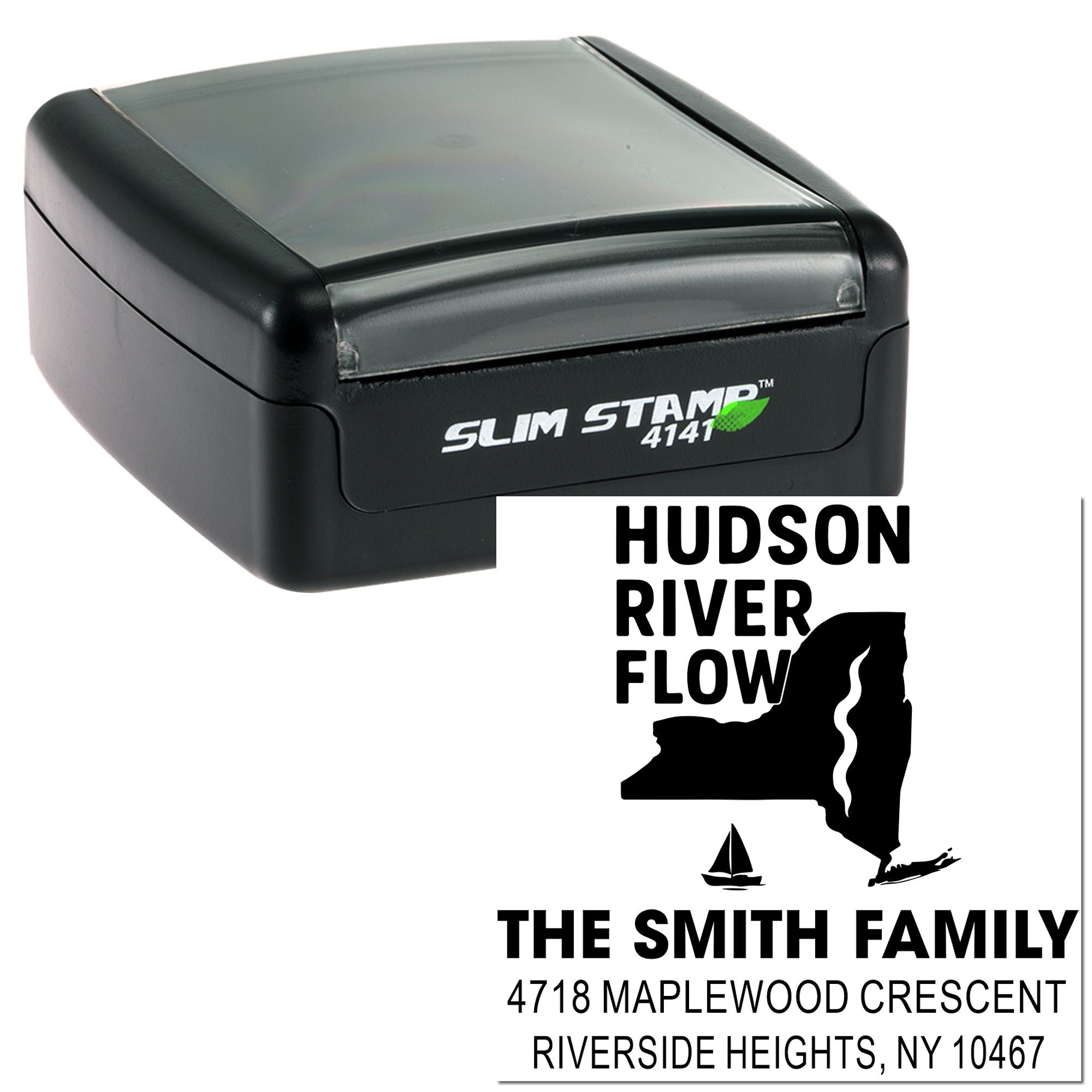 Custom self-inking rubber stamp with Hudson River Flow return address for The Smith Family, ideal for address labeling.