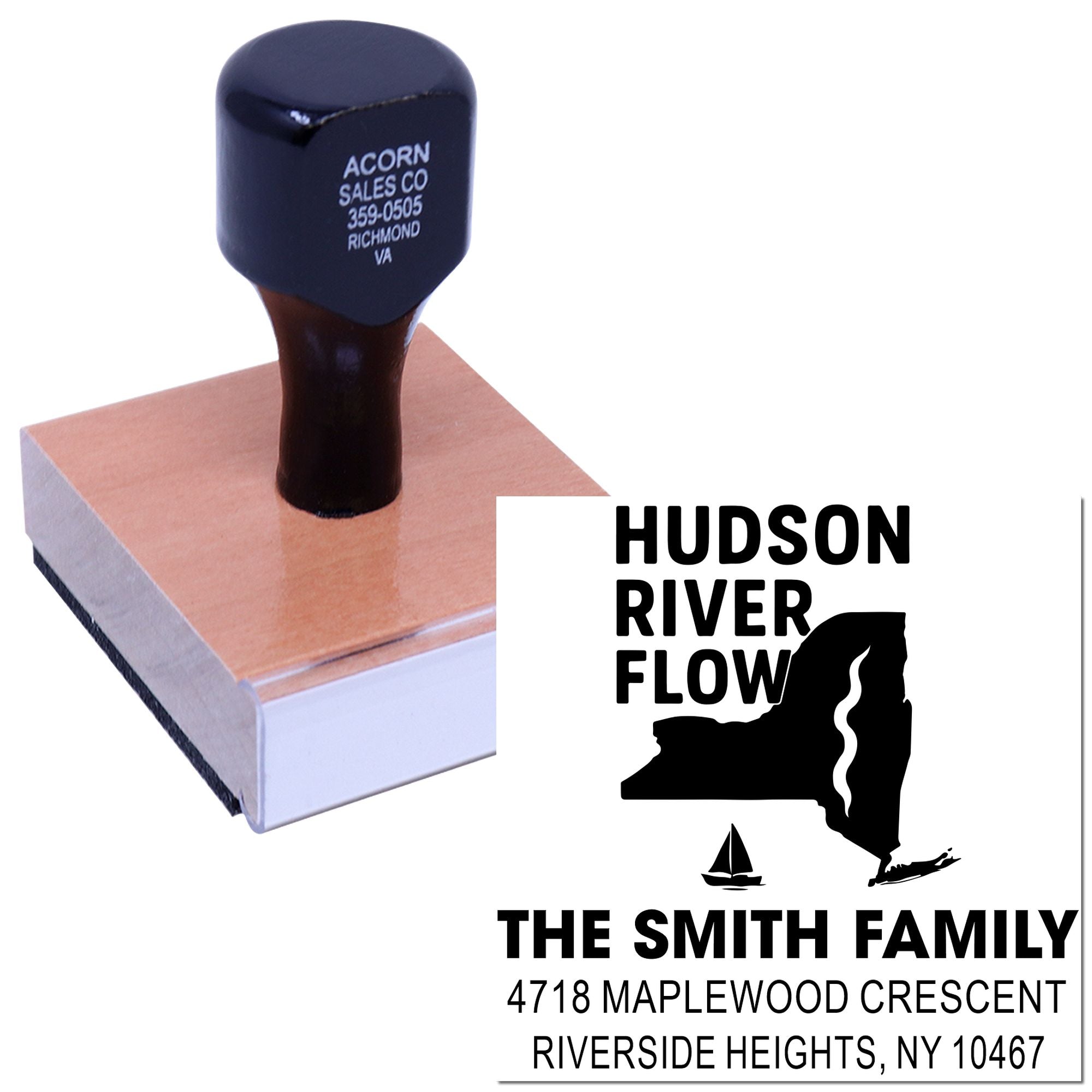 Custom rubber address stamp with Hudson River Flow design and The Smith Family return address for mailing envelopes.