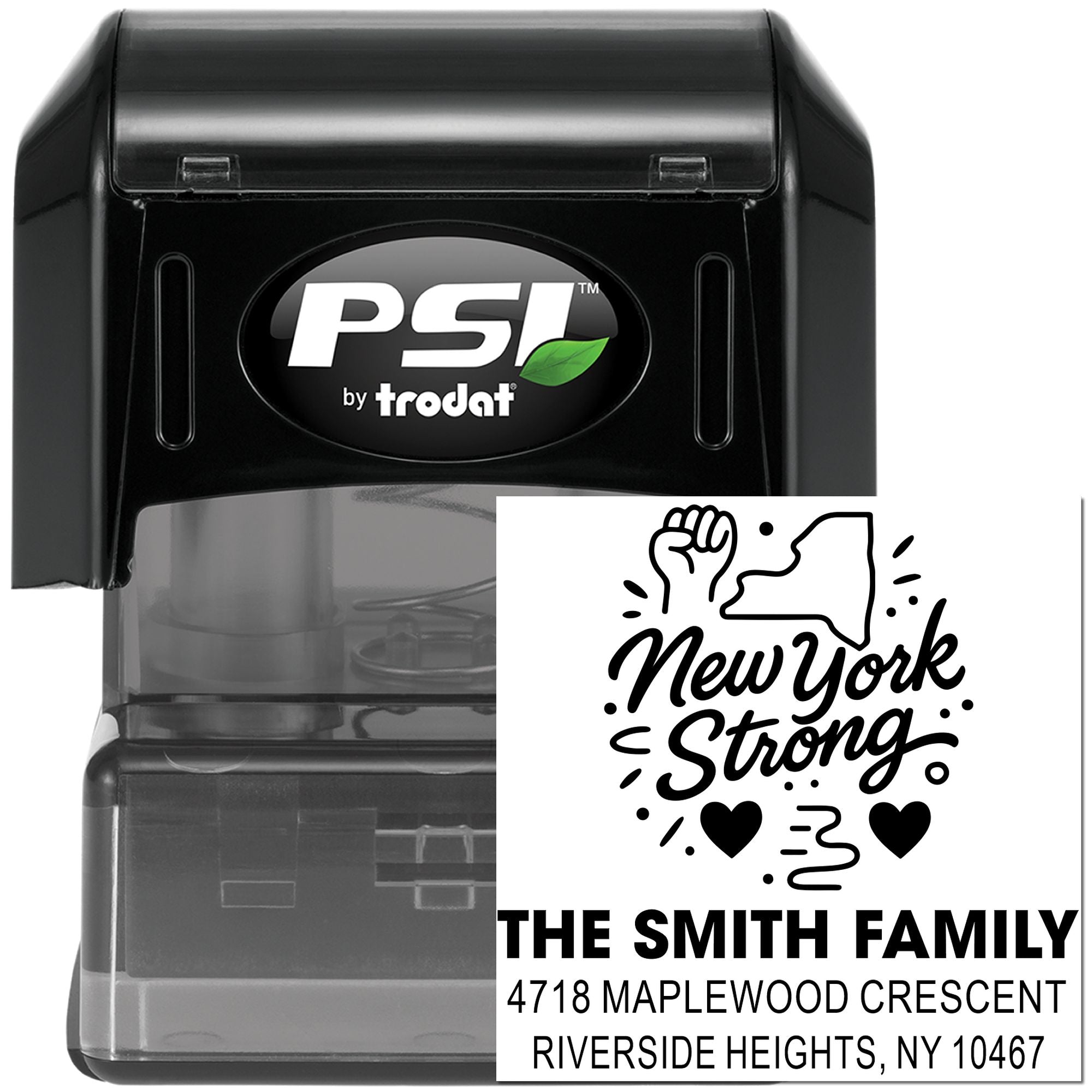 Custom self-inking rubber address stamp with New York Strong design for The Smith Family mailings and packages.