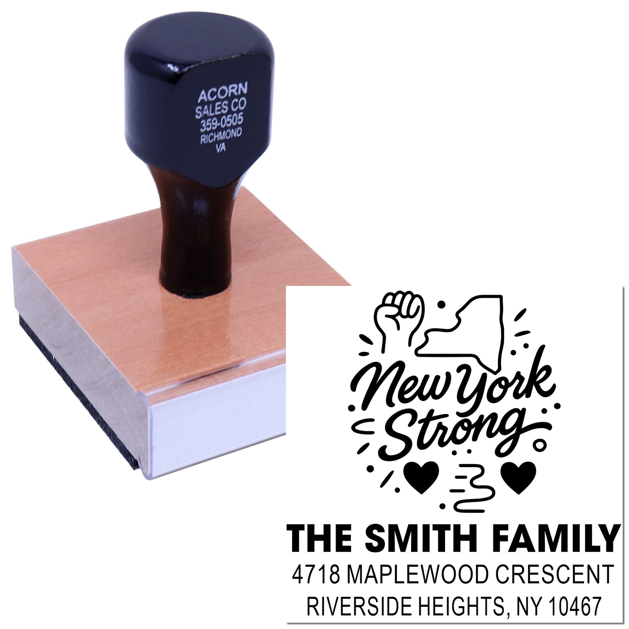 Custom address rubber stamp with New York Strong design and Smith family address for personalized mailing and branding.