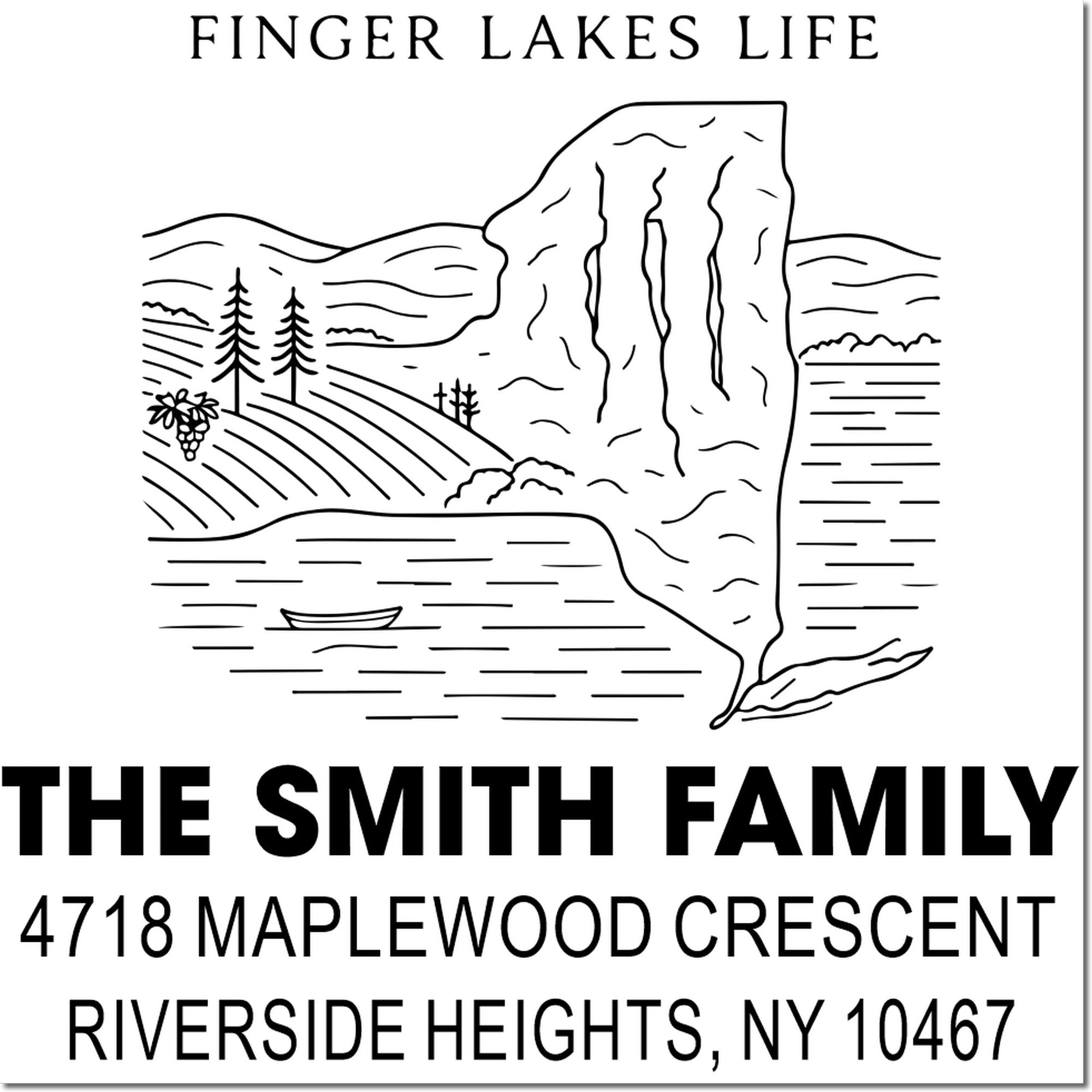 Finger Lakes Life custom return address rubber stamp for The Smith Family, Riverside Heights, NY 10467.