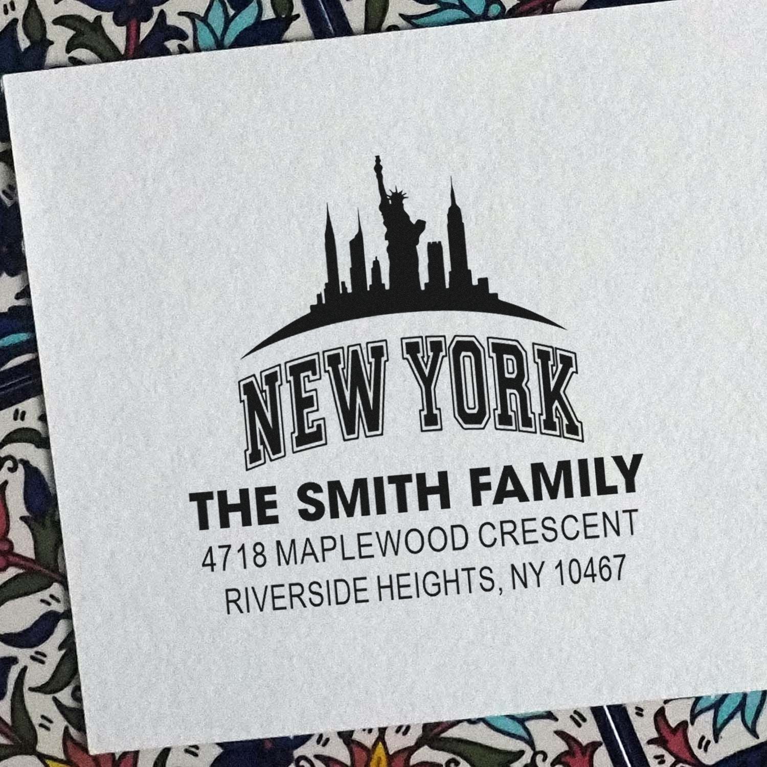 Custom New York return address rubber stamp with skyline and Statue of Liberty, for The Smith Family in Riverside Heights, NY.