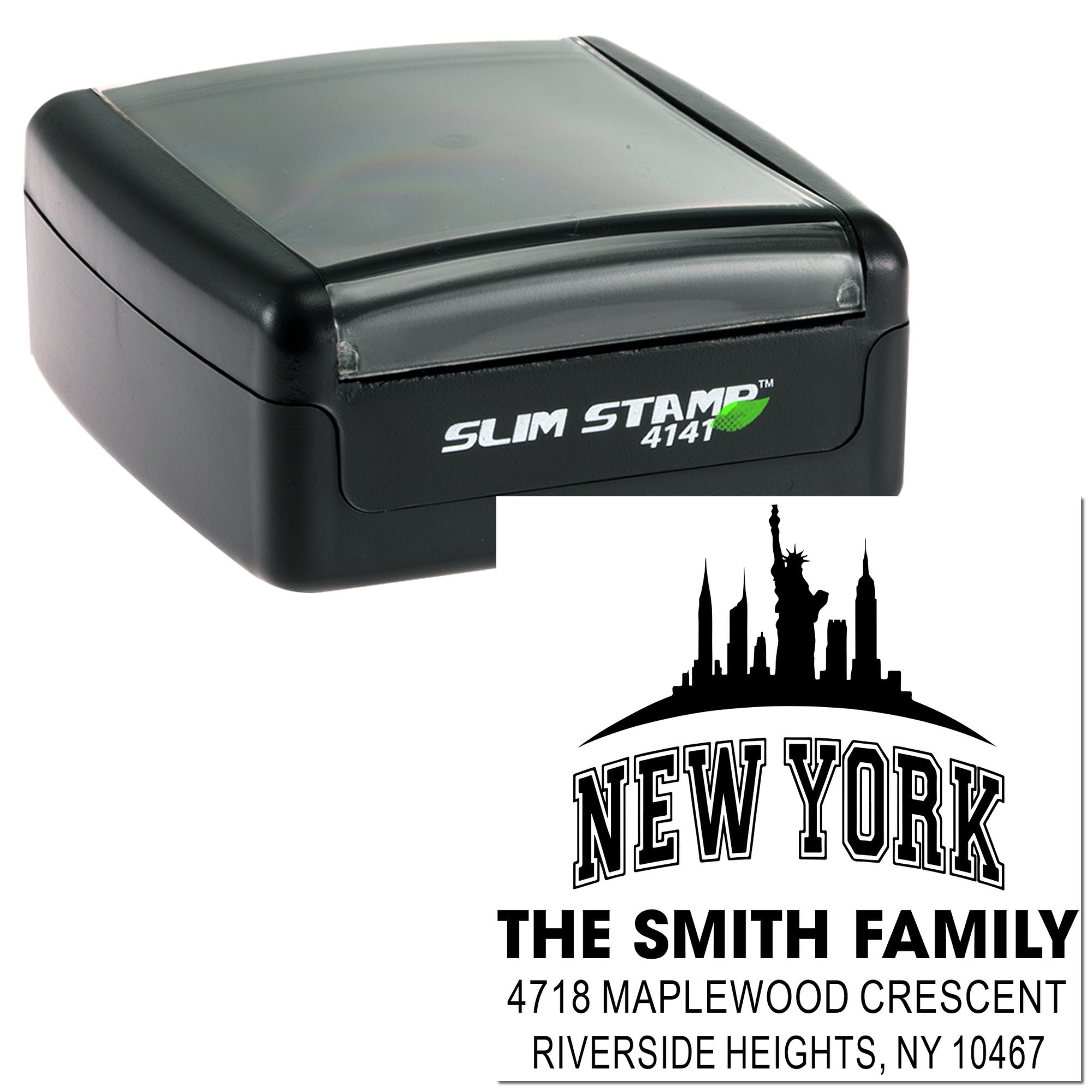 Custom New York self-inking rubber stamp with Statue of Liberty skyline and family return address design