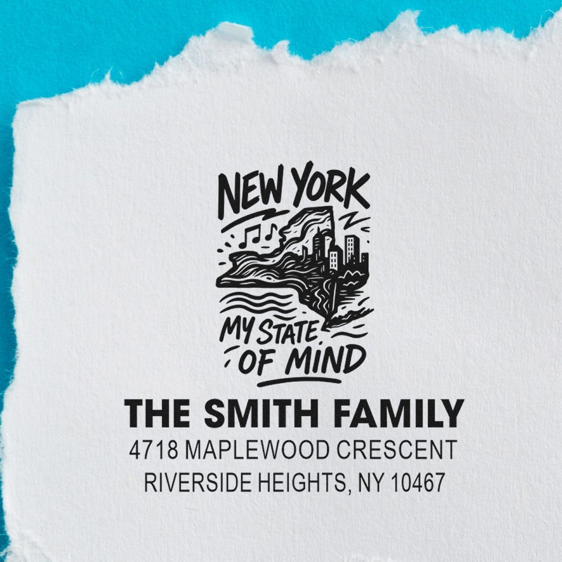 Custom New York rubber stamp with family name, address, and My State of Mind design for personalized mail.