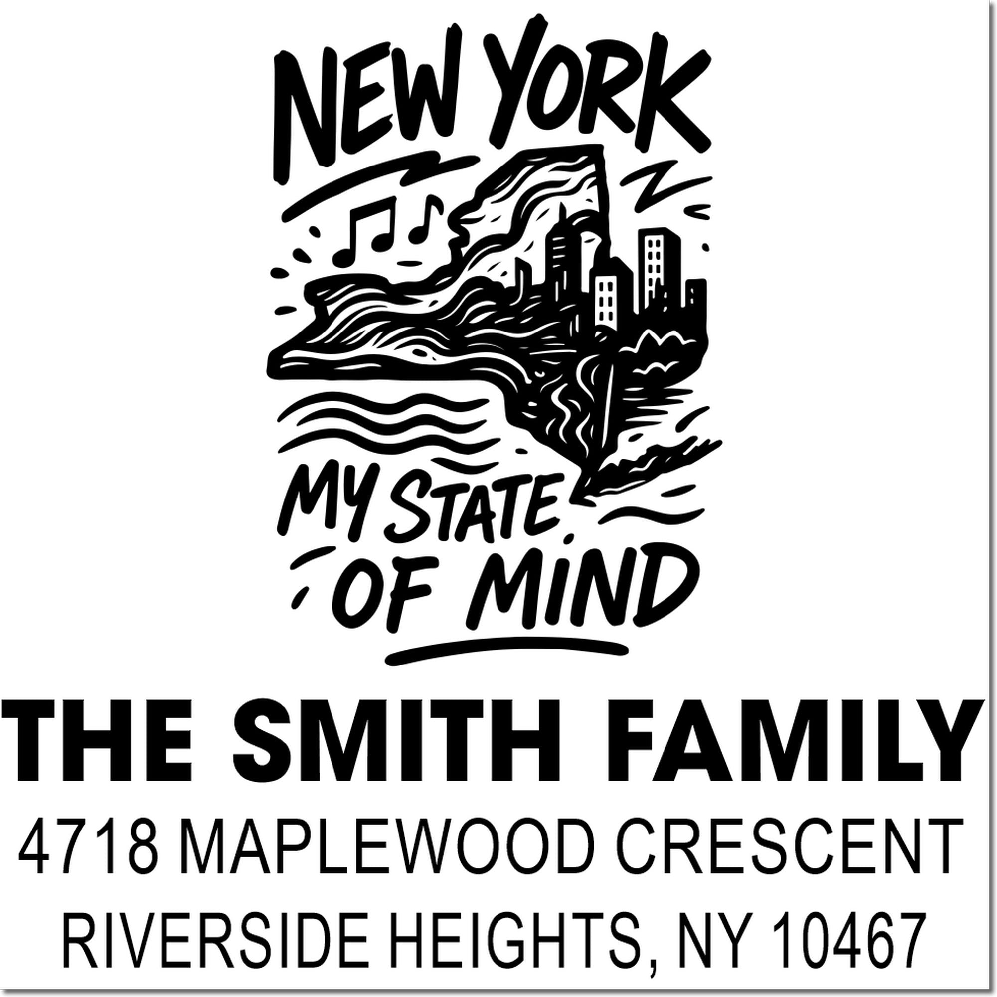 Custom New York return address rubber stamp for The Smith Family, 4718 Maplewood Crescent, Riverside Heights, NY 10467.