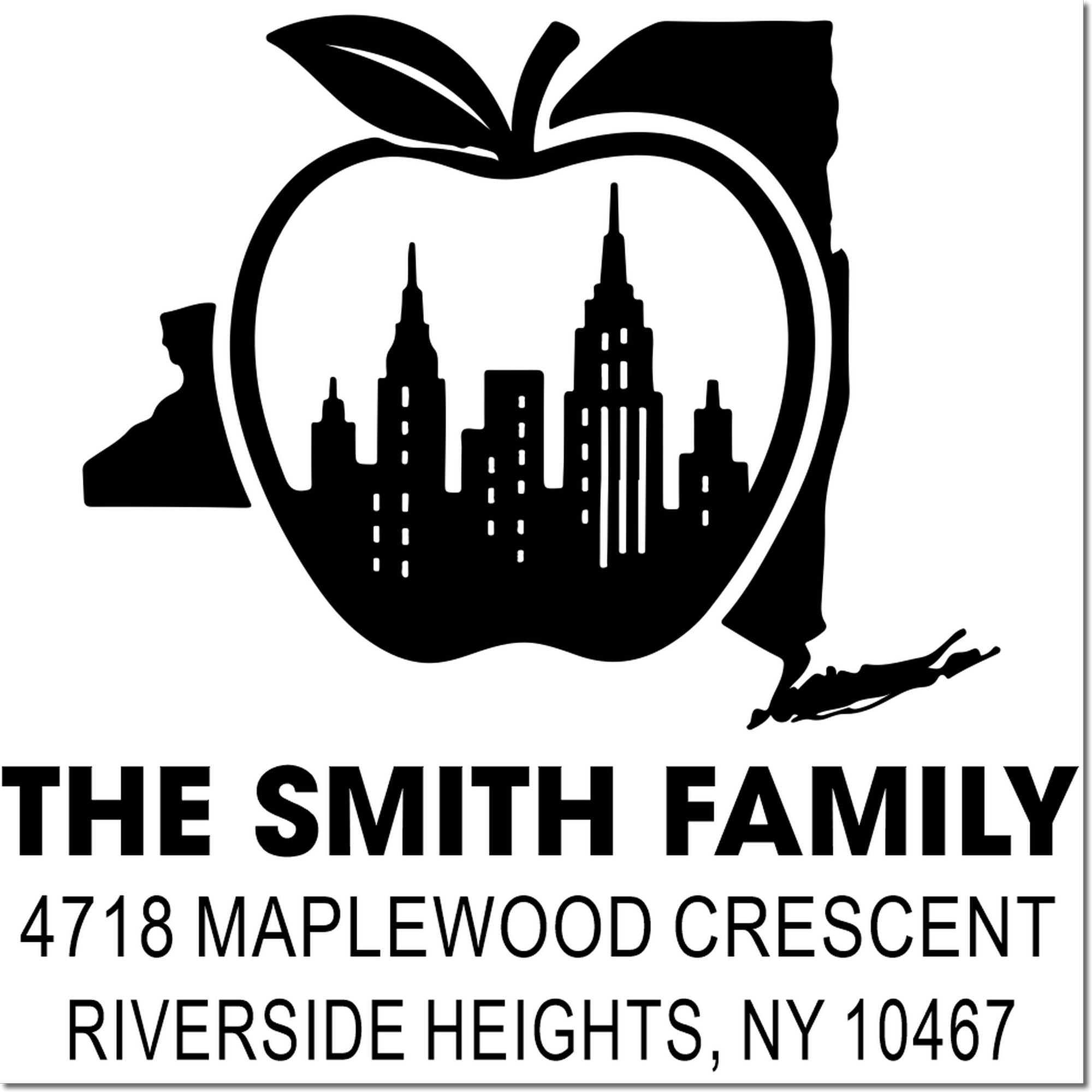 Custom family address rubber stamp with apple skyline logo for The Smith Family, Riverside Heights, NY 10467.