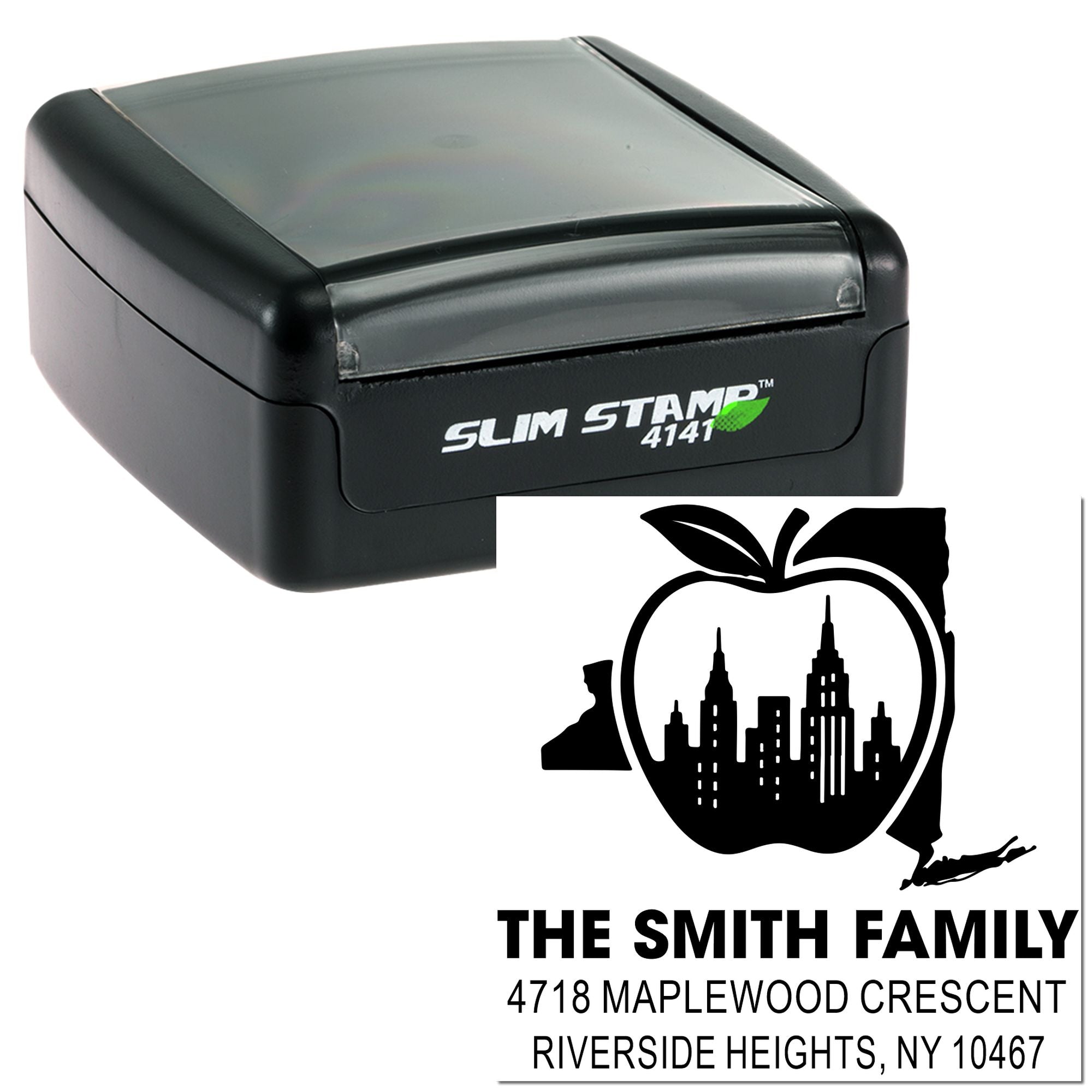 Custom Slim Stamp 4141 rubber stamp with personalized return address design for The Smith Family, Riverside Heights, NY.