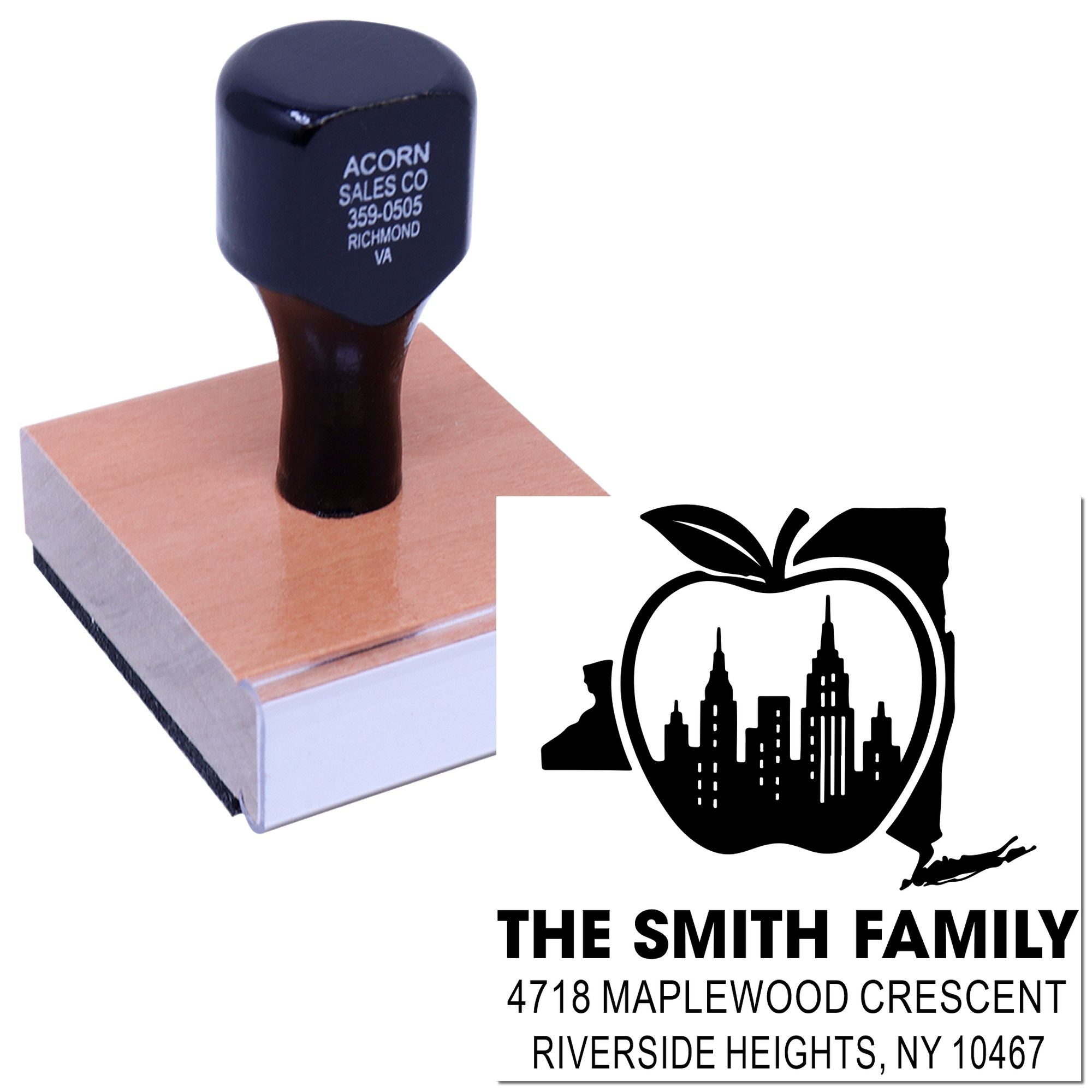 Custom self-inking return address rubber stamp with New York apple skyline design for The Smith Family mailings.